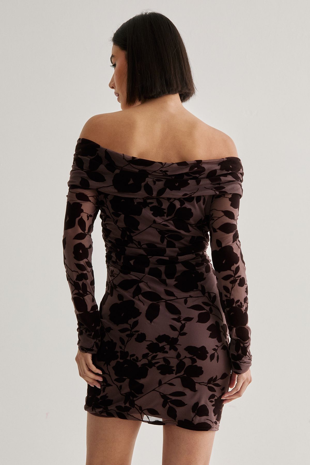 NastyGal Floral Devore Ruched Mini Dress Chocolate image 4