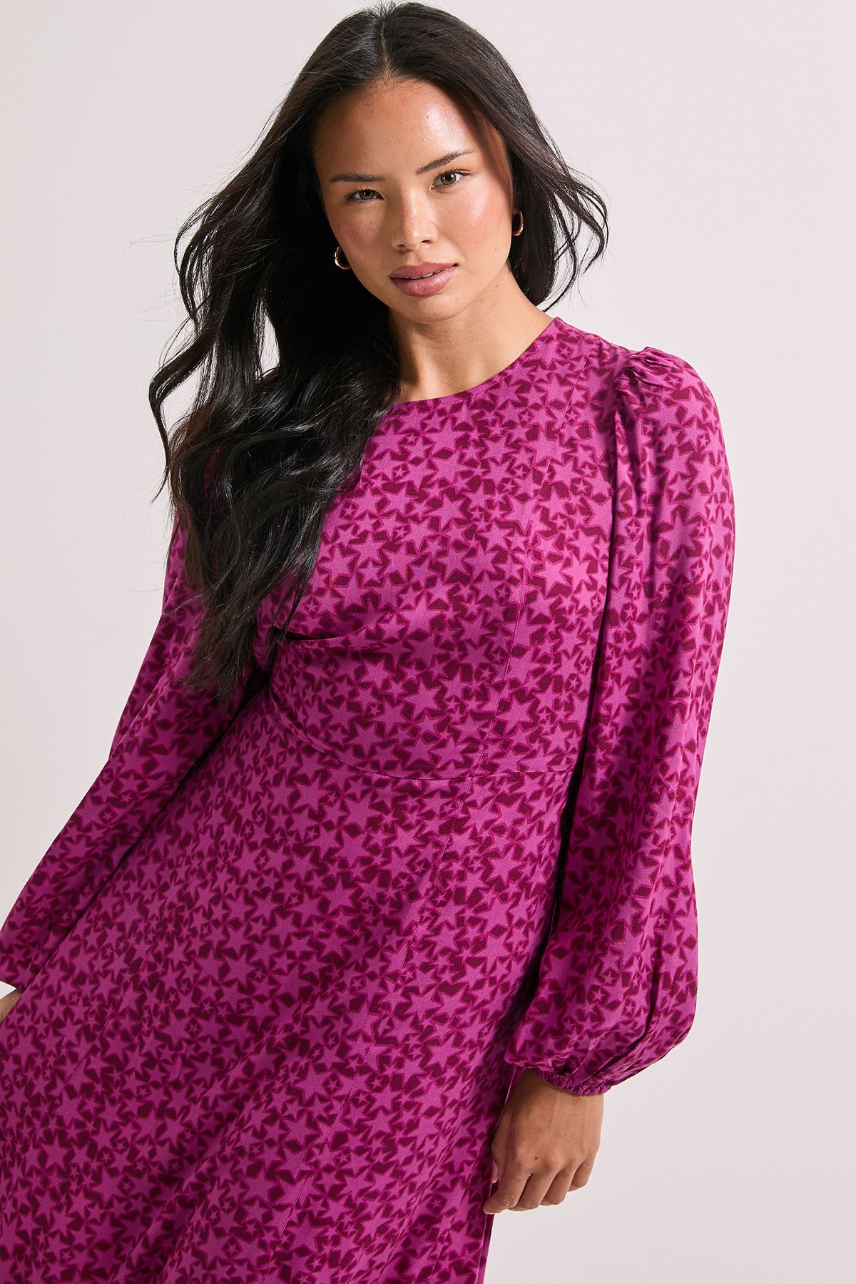 Dorothy Perkins Empire Star Seam Split Detail Printed Midi Dress Burgundy image 4