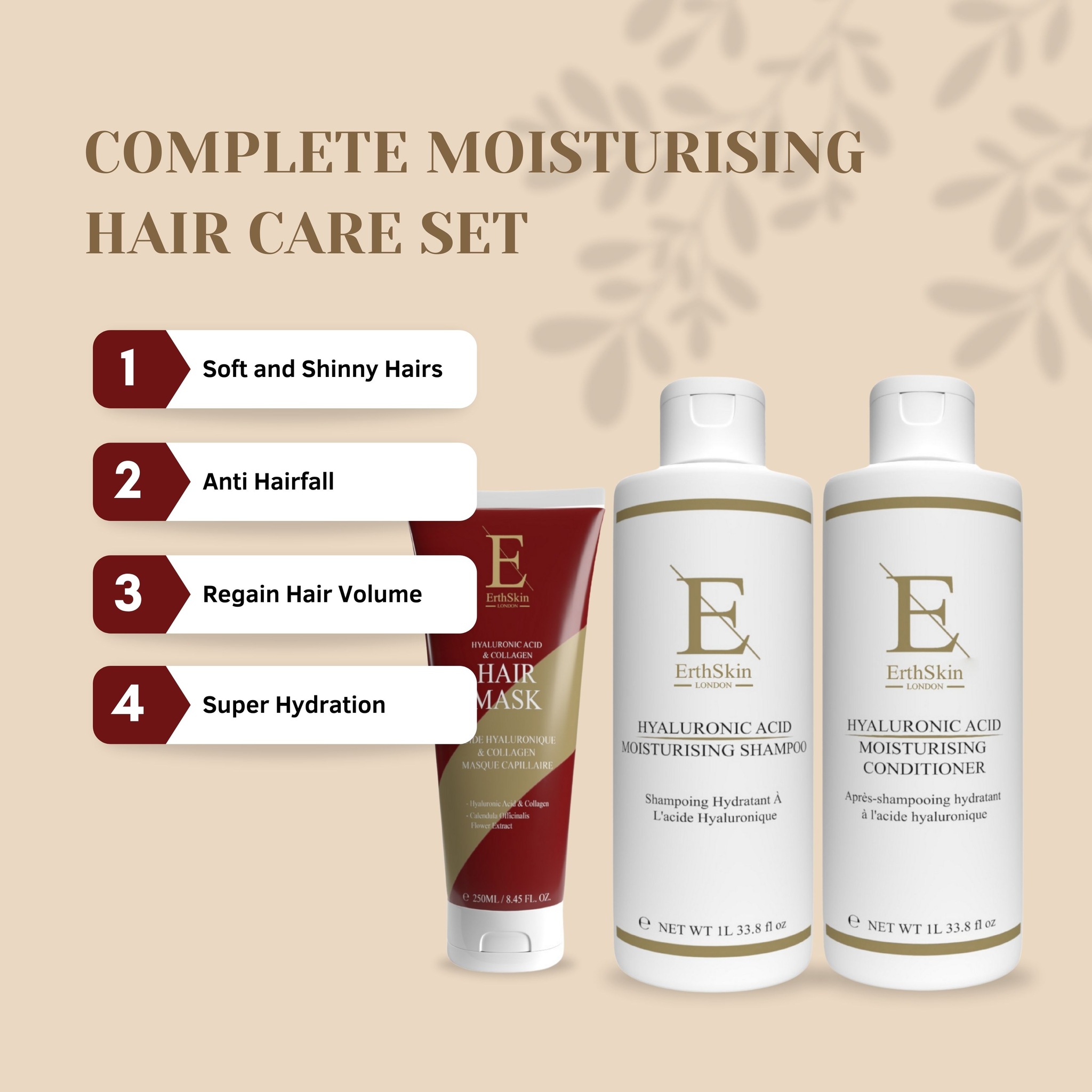 Erth Skin London Hyaluronic Acid Moisturizing Shampoo 1L +Conditioner 1L + Hair mask 250ML image 2