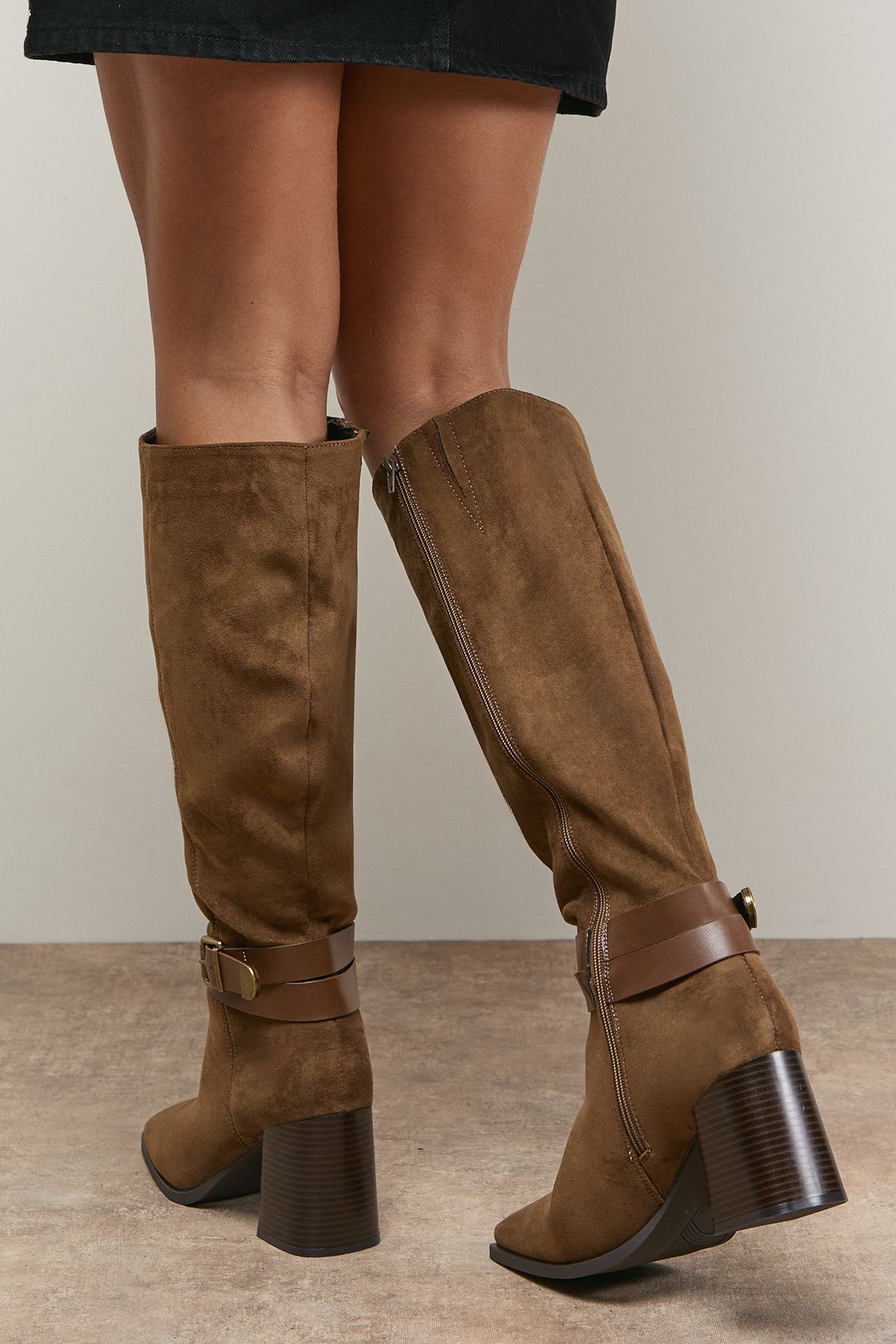 Oasis Tabitha Faux Suede Buckle Detail Square Toe High Block Heel Boot Taupe image 4