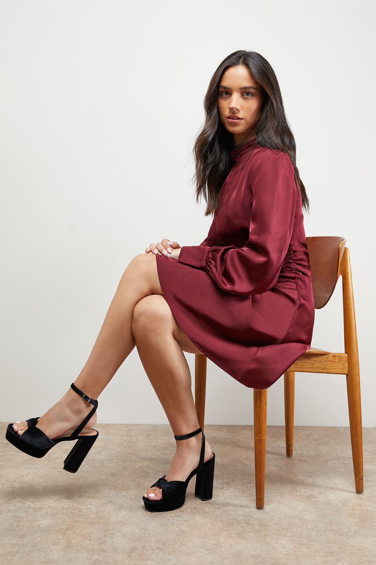 Oasis Melody Velvet Knot Front Square Toe High Block Heel Sandals Black