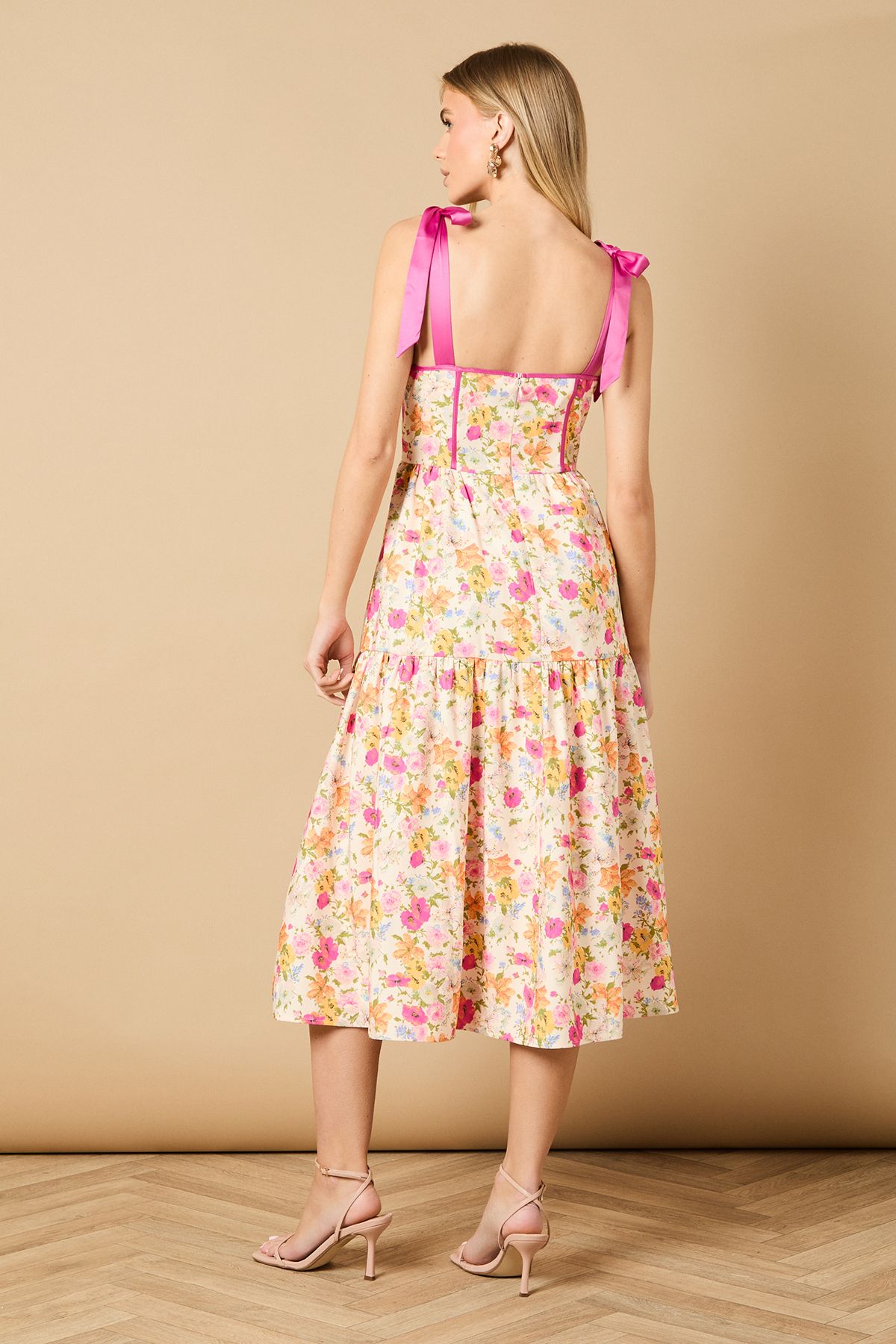 Oasis Corset Detail Bow Tie Strap Midi Dress Ivory image 5