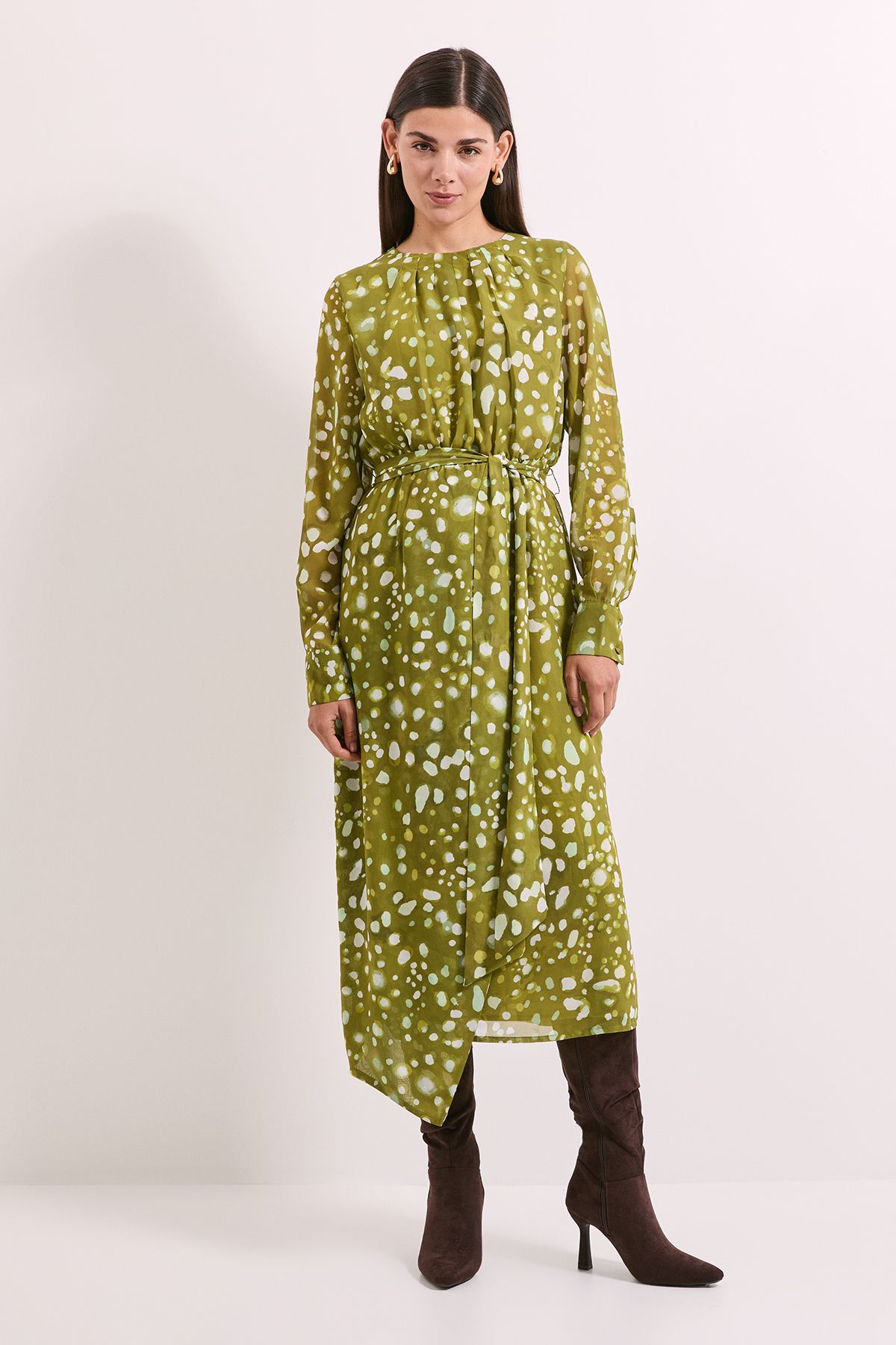 Principles Green Spot Pleat Neck Drape Midi Dress Green image 1