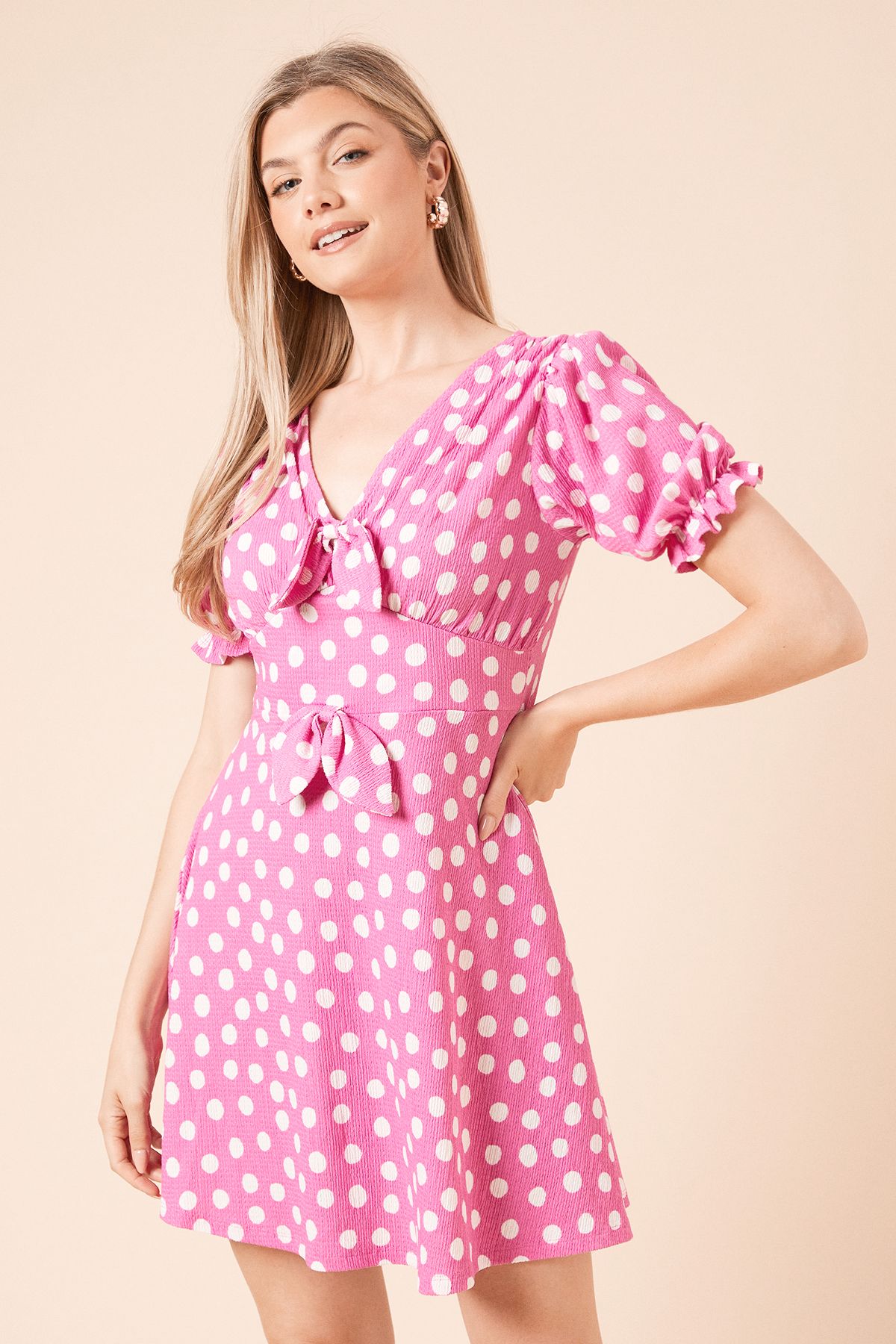 Dorothy Perkins Pink Spot Bow Front Puff Sleeve Jersey Mini Dress Pink image 2