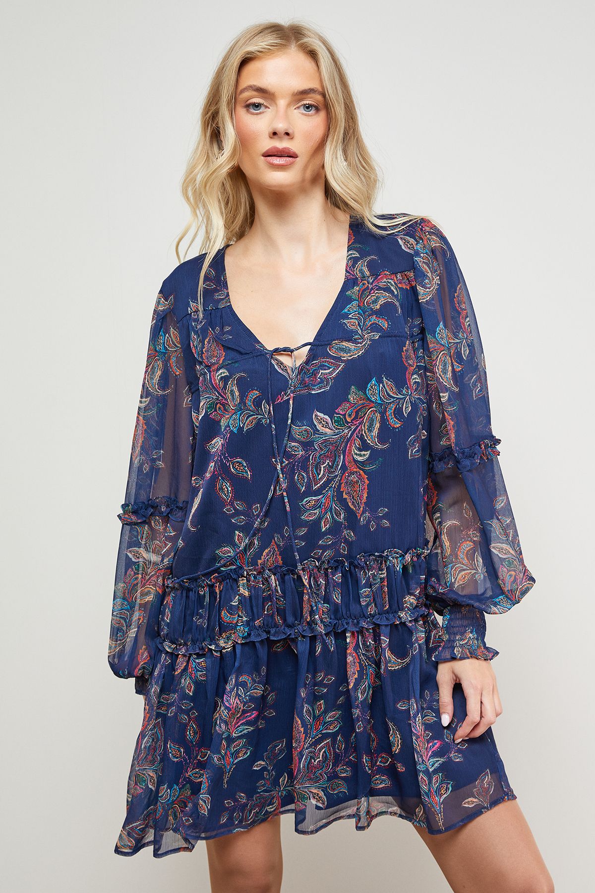 Oasis Printed Chiffon Shirred Front Tie Neck Mini Dress Navy image 2