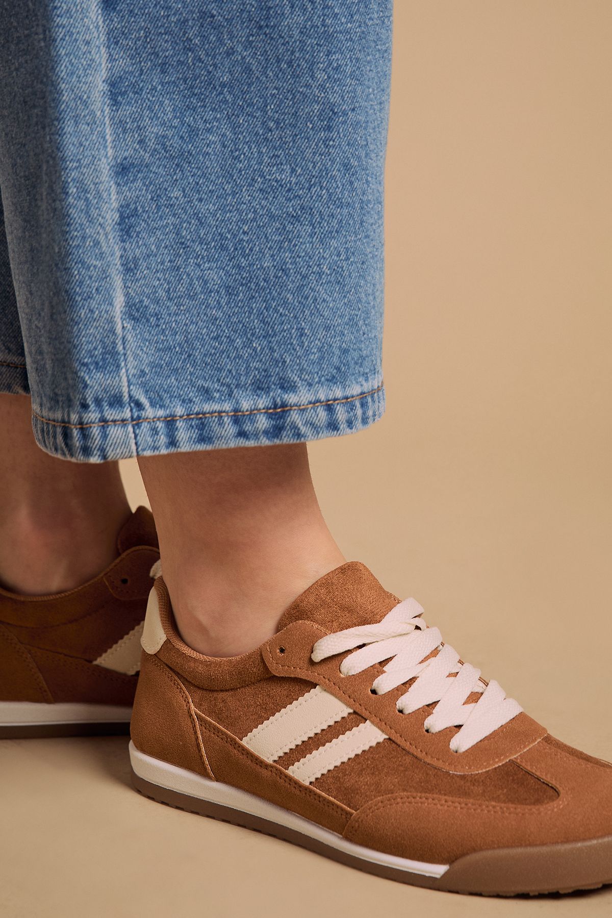 Oasis Penny Faux Suede Lace Up Trainers Tan image 3