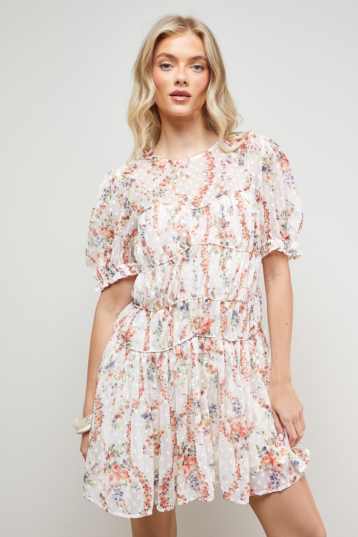 Oasis Printed Dobby Shirred Bodice Mini Dress Ivory image 2