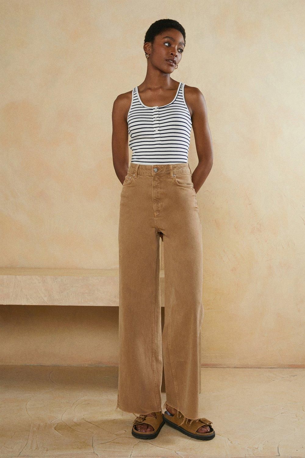 Oasis Cotton Stripe Rib Scoop Neck Vest Navy image 2