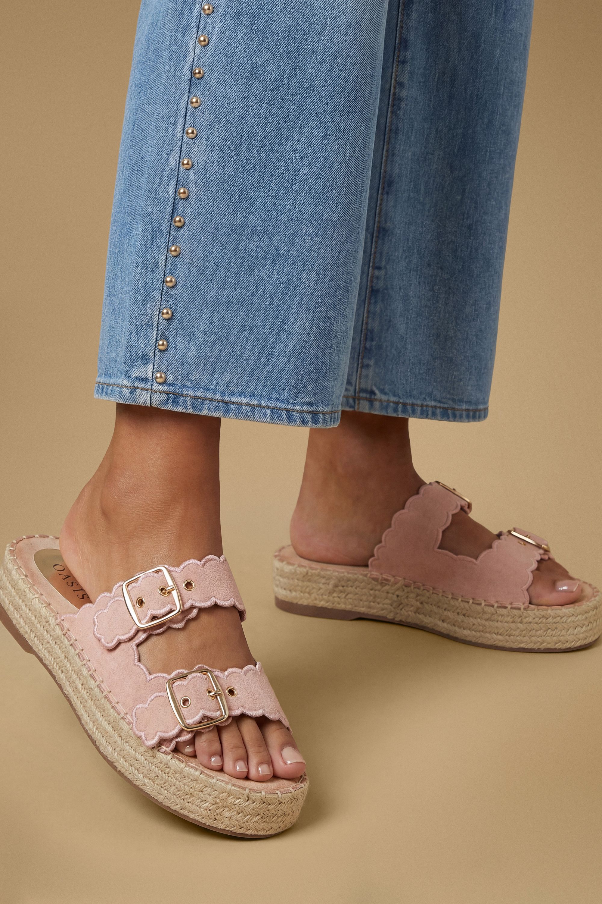 Oasis Bridget Faux Suede Scallop Detail Buckle Footbed Sandals Pink
