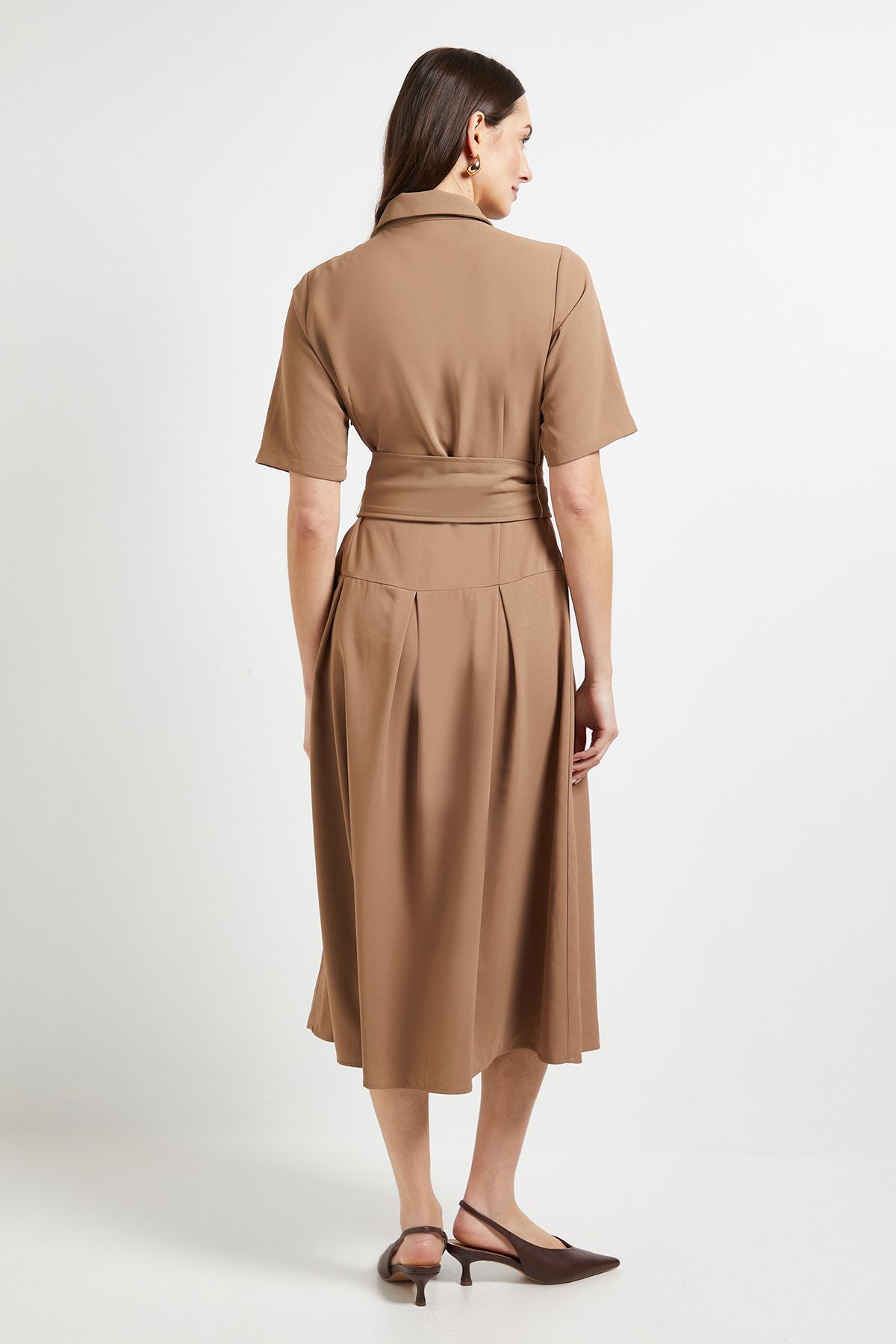 Principles Short Sleeve Collared Tie Waist Midi Dress Camel image 3