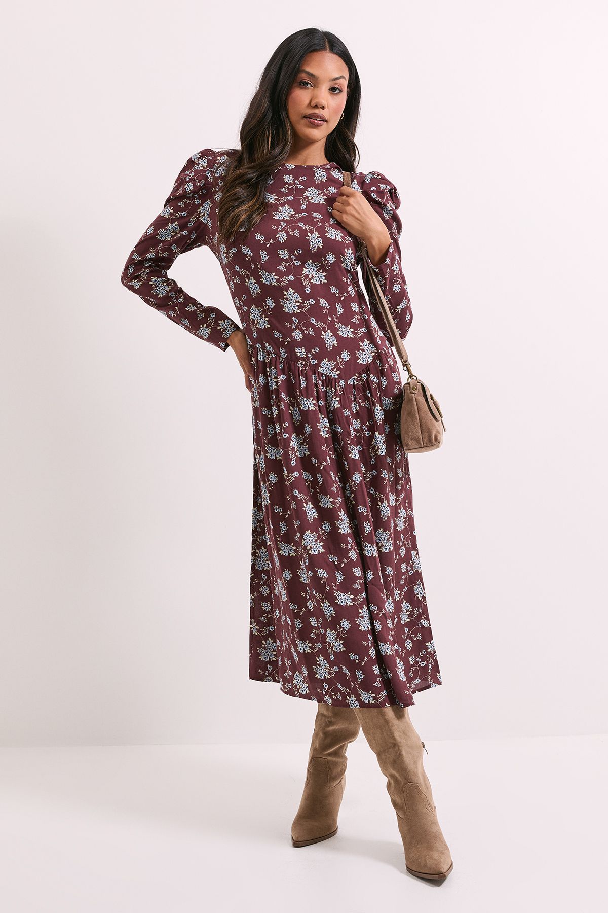 Dorothy Perkins Floral Dropped Waist A-line Midi Dress Chocolate image 1