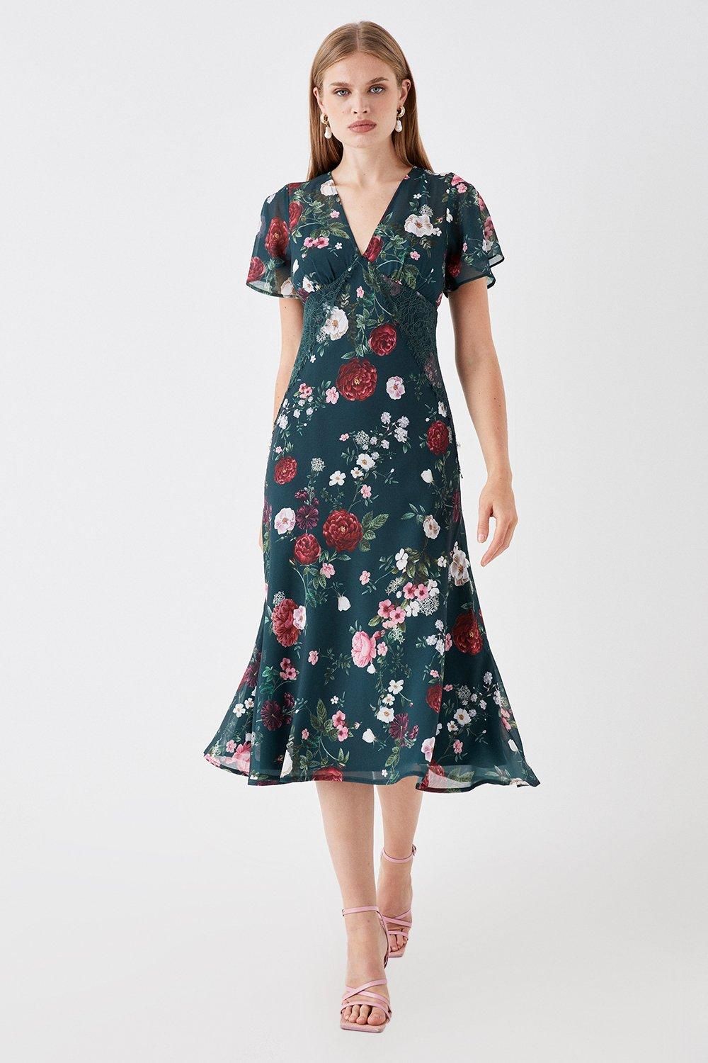 Coast Sophie Habboo Lace Trim Printed Midi Dress Green