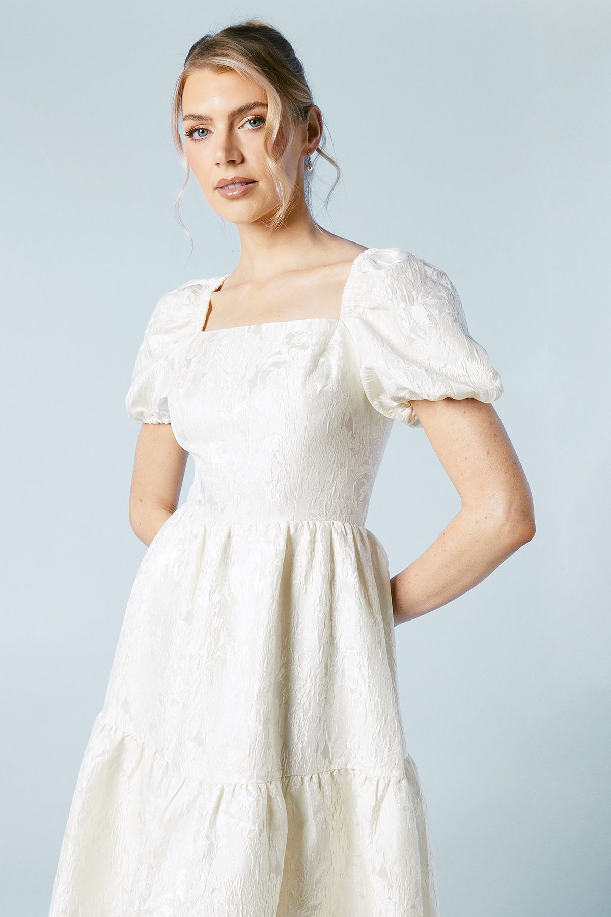 Oasis Tiered Puff Sleeve Jacquard Wedding Dress Ecru image 4