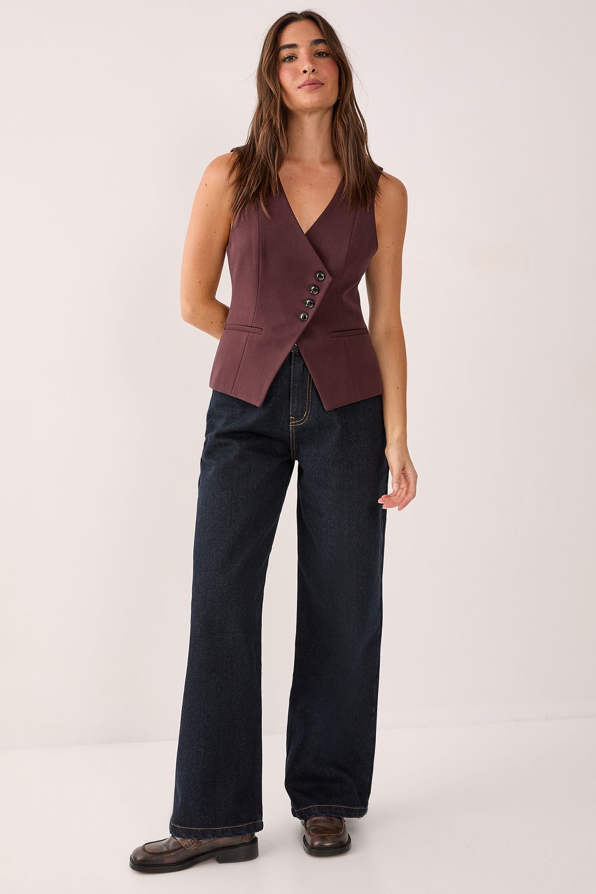 NastyGal Asymmetric Button Waistcoat Chocolate image 2