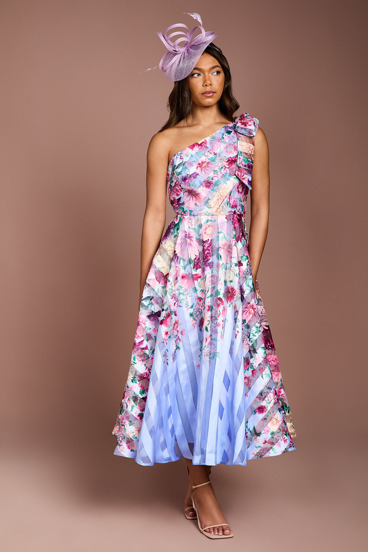 Coast Printed Stripe Organza One Shoulder Midi Dress Blue image 1