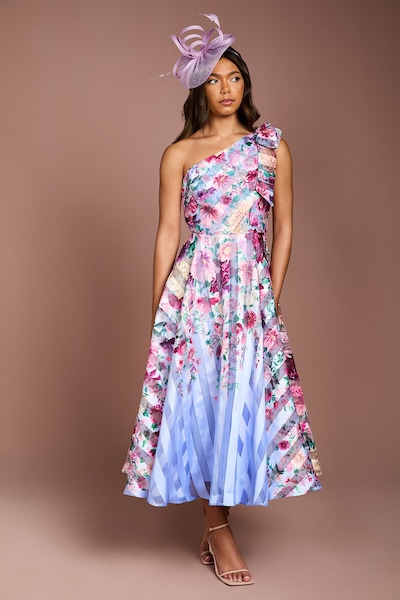 Coast Printed Stripe Organza One Shoulder Midi Dress Blue