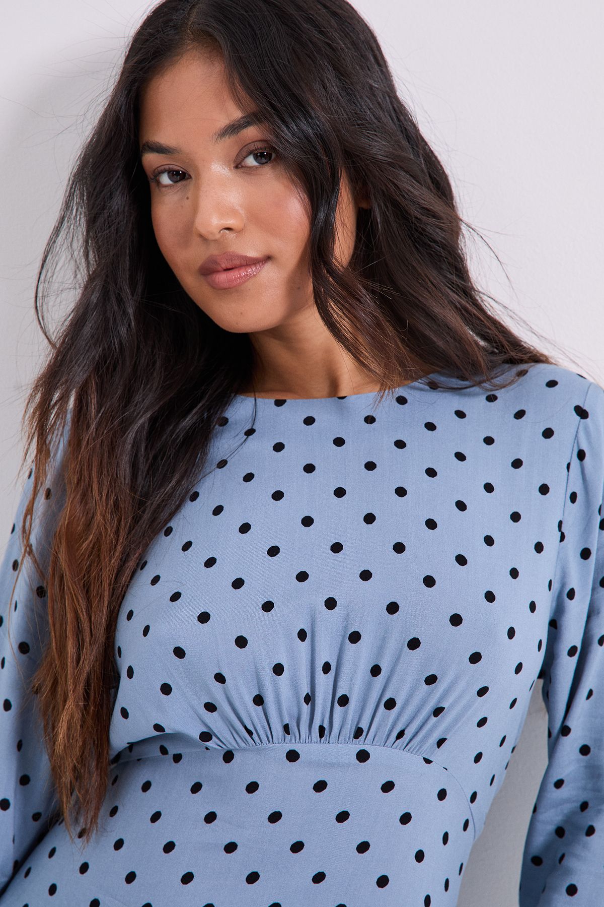 Dorothy Perkins Petite Blue Spot Frill Sleeve Ruffle Detail Printed Midi Dress Blue image 4