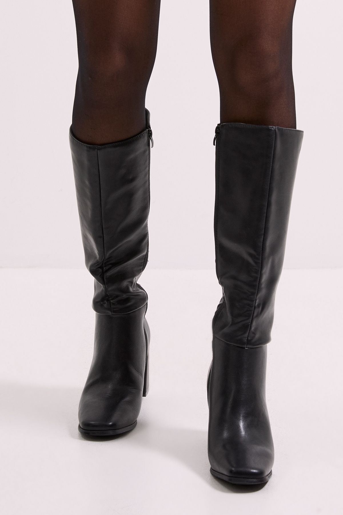 Dorothy Perkins Wide Fit Kristen Faux Leather Square Toe High Heel Knee Boots Black image 2