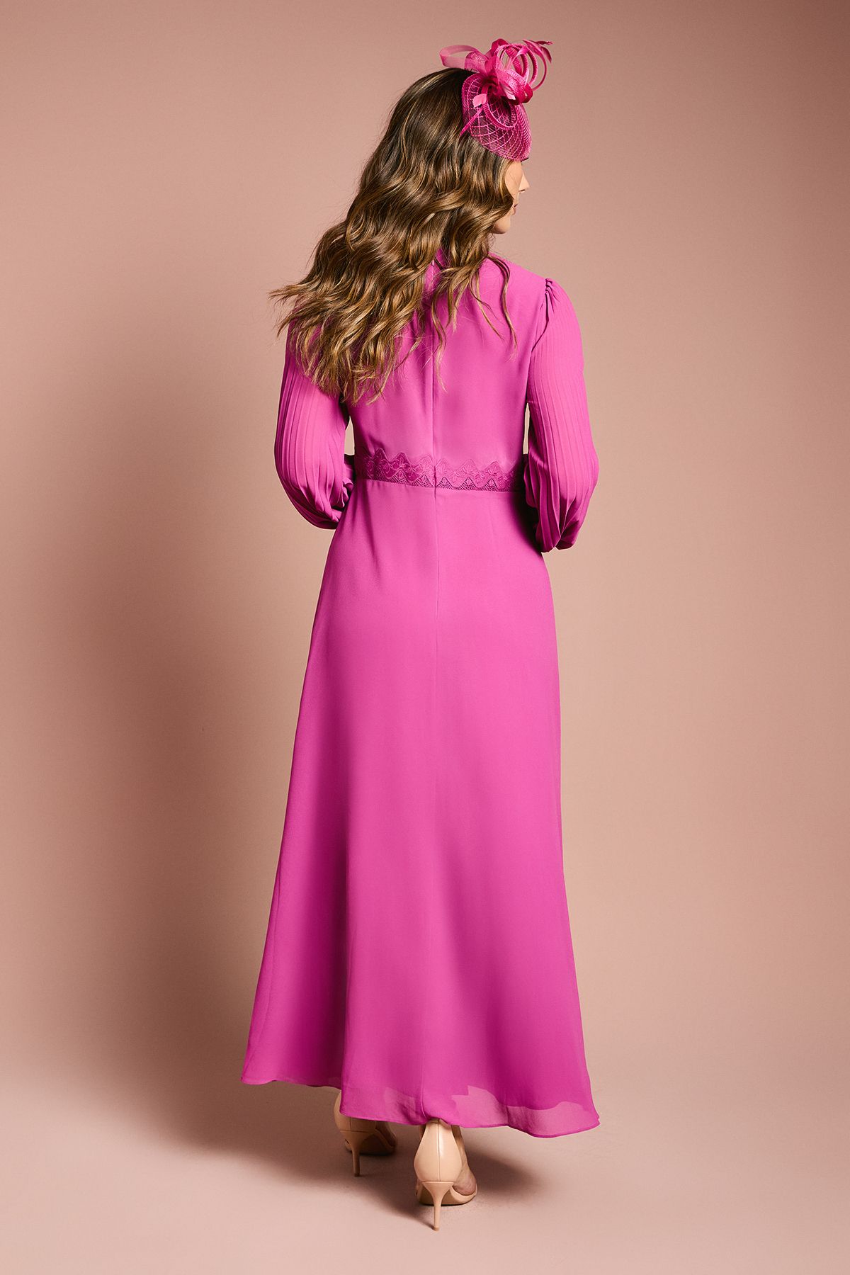 Coast Pleat Detail Lace Trim Maxi Dress Berry image 4