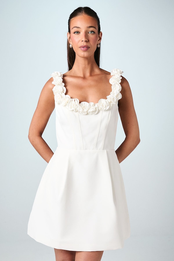 Coast Square Neck 3D Flower Crepe Bridal Mini Dress Ivory