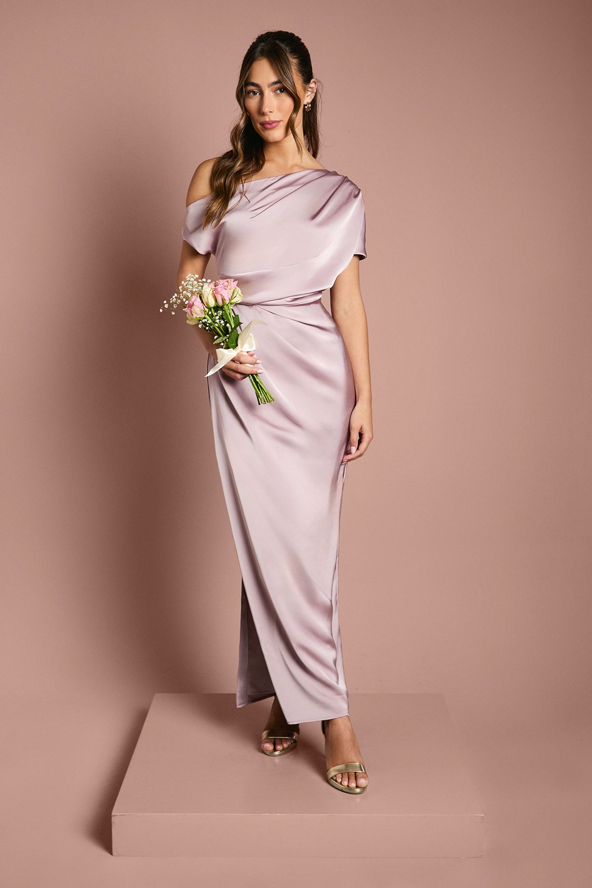 Coast Satin Ruched Detail Off The Shoulder Maxi Bridesmaid Dress Blush image 1