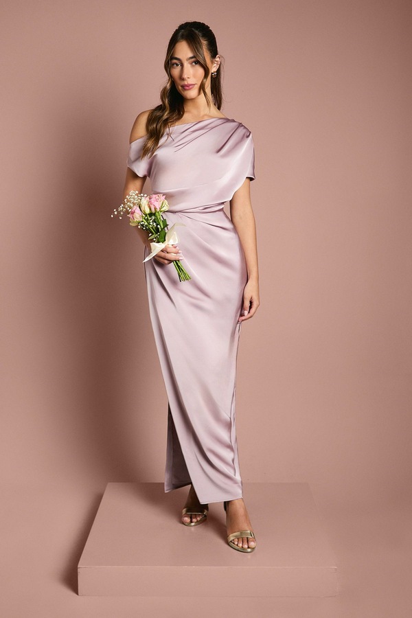 Coast Satin Ruched Detail Off The Shoulder Maxi Bridesmaid Dress Blush