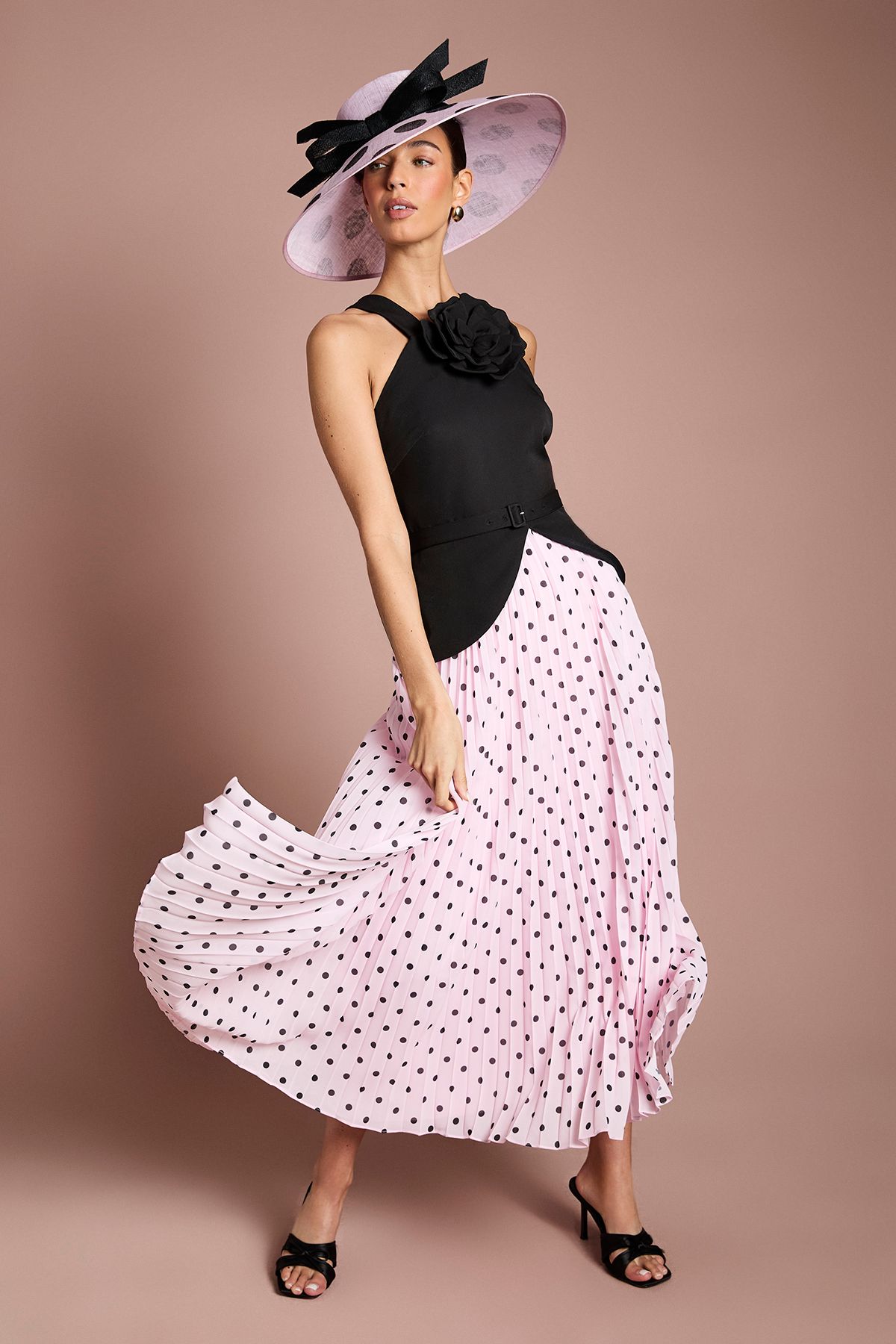 Coast Lisa Tan Corsage Peplum Detail Spot Print Pleated Midi Dress Blush