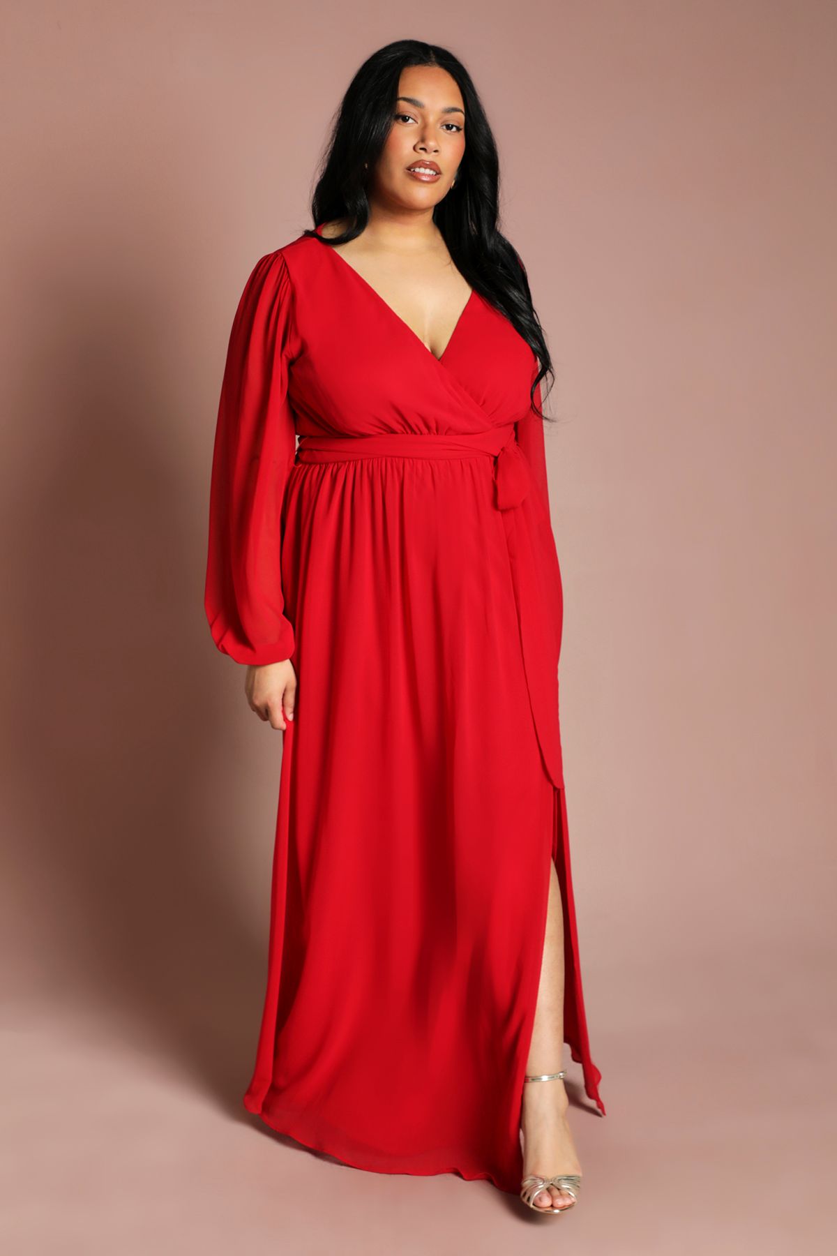 Coast Plus Wrap Front Pleated Georgette Maxi Dress Red