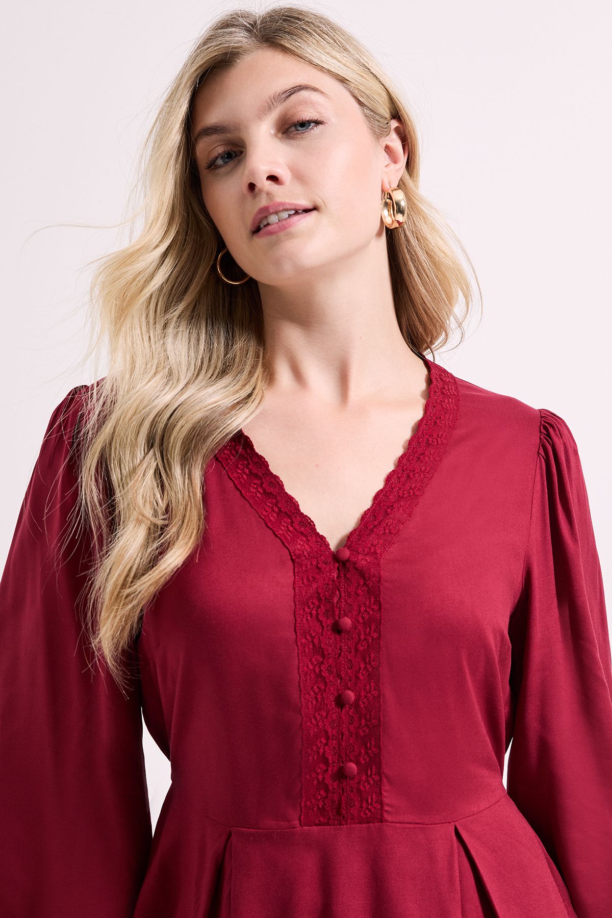 Dorothy Perkins Lace Trim Blouson Sleeve Peplum Top Burgundy image 3