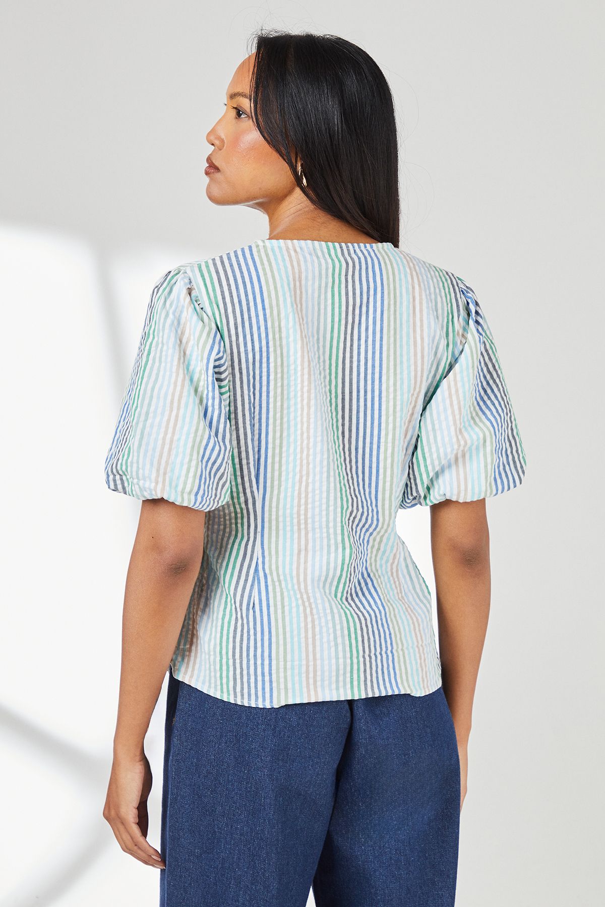 Principles Green Stripe Puff Sleeve Wrap Top Green image 3