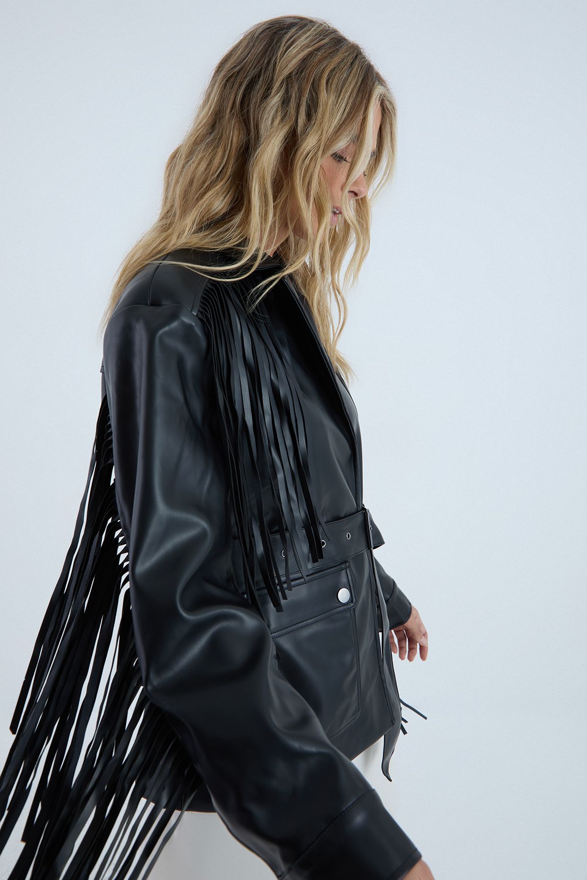 NastyGal Fringe Faux Leather Belted Jacket Black image 3