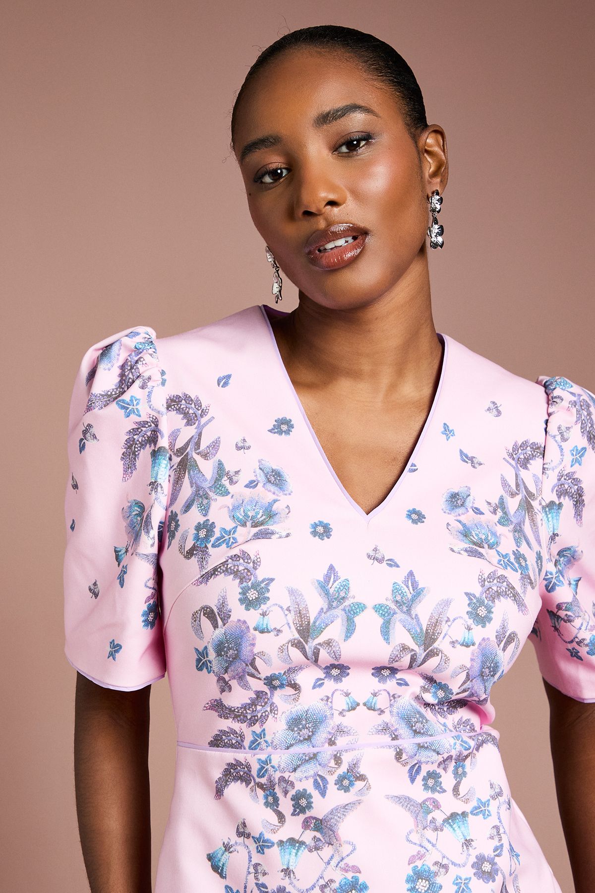 Coast Puff Sleeve Floral Placement Print Structured Cotton Pencil Dress Lilac image 4