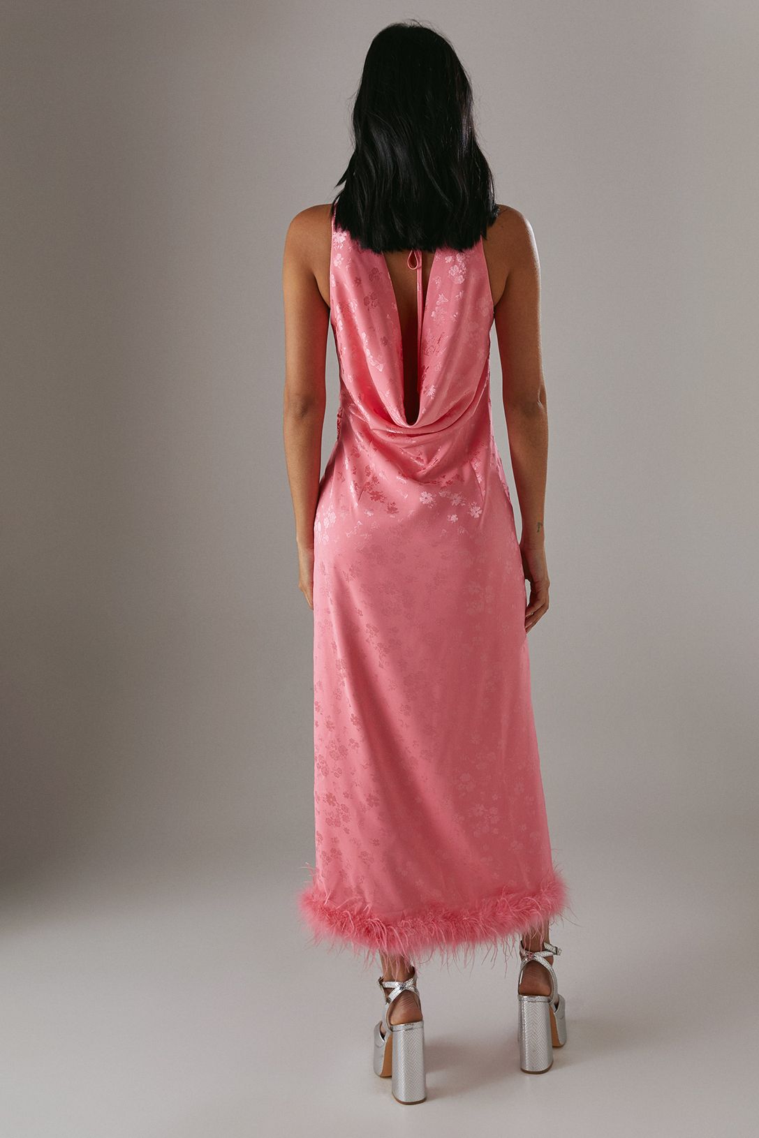 Warehouse Satin Jacquard Feather Twist Front Cowl Back Midi Dress Pink image 3