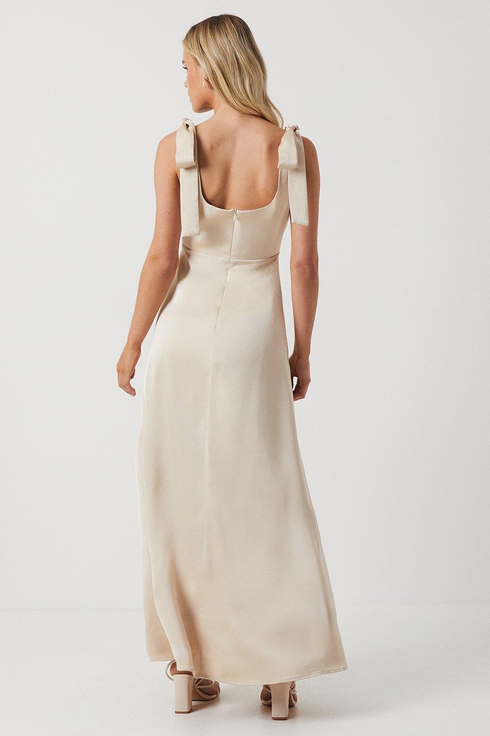 Oasis Petite Satin Tie Shoulder Midi Bridesmaids Dress Champagne image 3