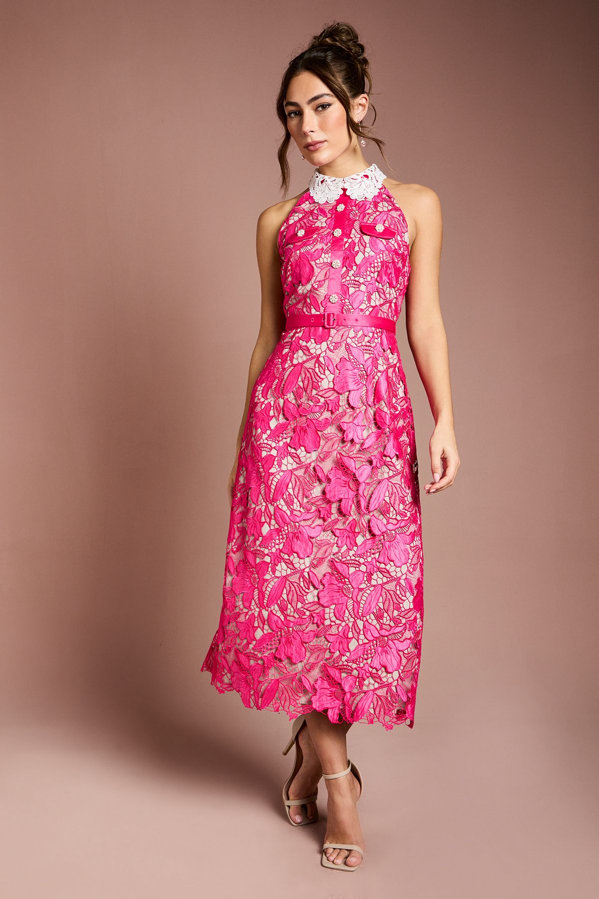 Coast Halter Neck Satin Lace Contrast Collar Midi Dress Pink
