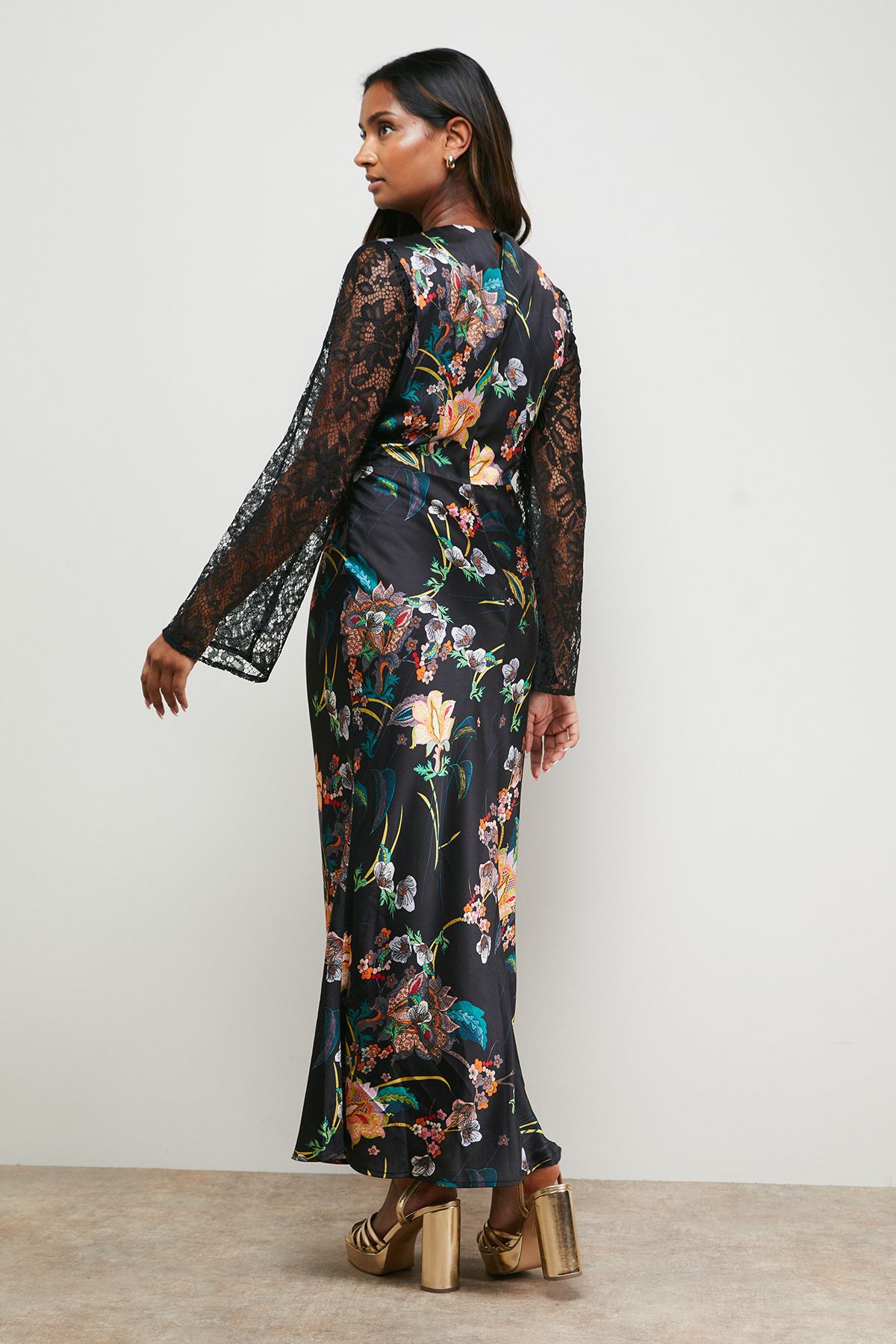 Oasis Printed Lace Bodice V Neck Satin Midi Dress Multi image 3