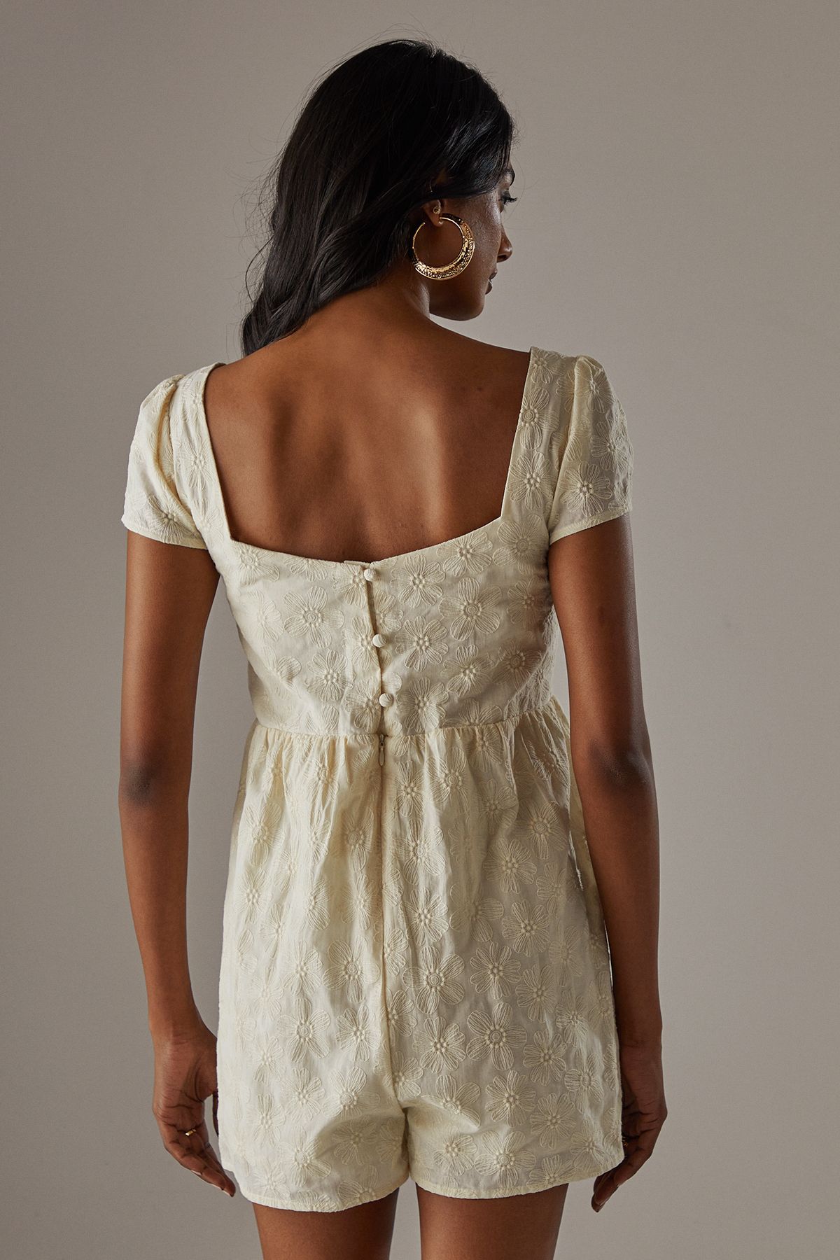 Warehouse Floral Cotton Square Neck Babydoll Playsuit Cream image 3