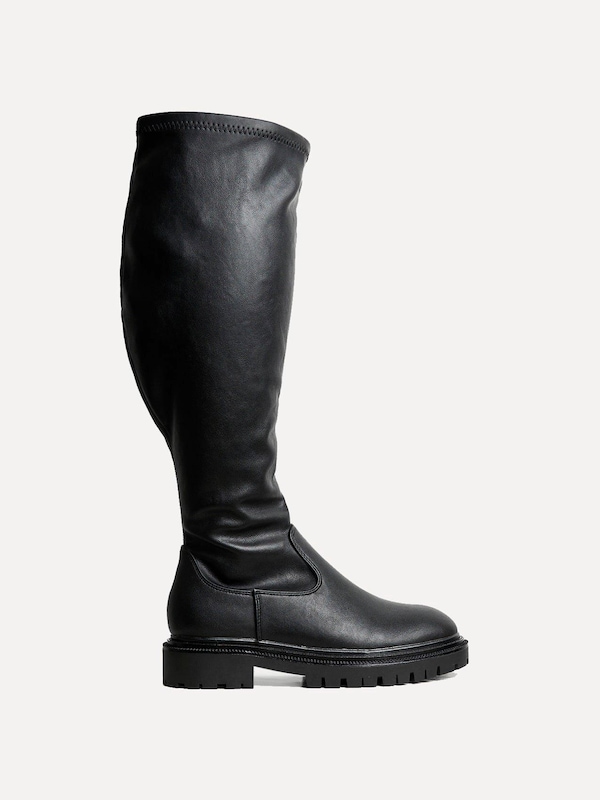 Linzi Briody Wide Fit Black Faux Leather Knee High Stretch Boot