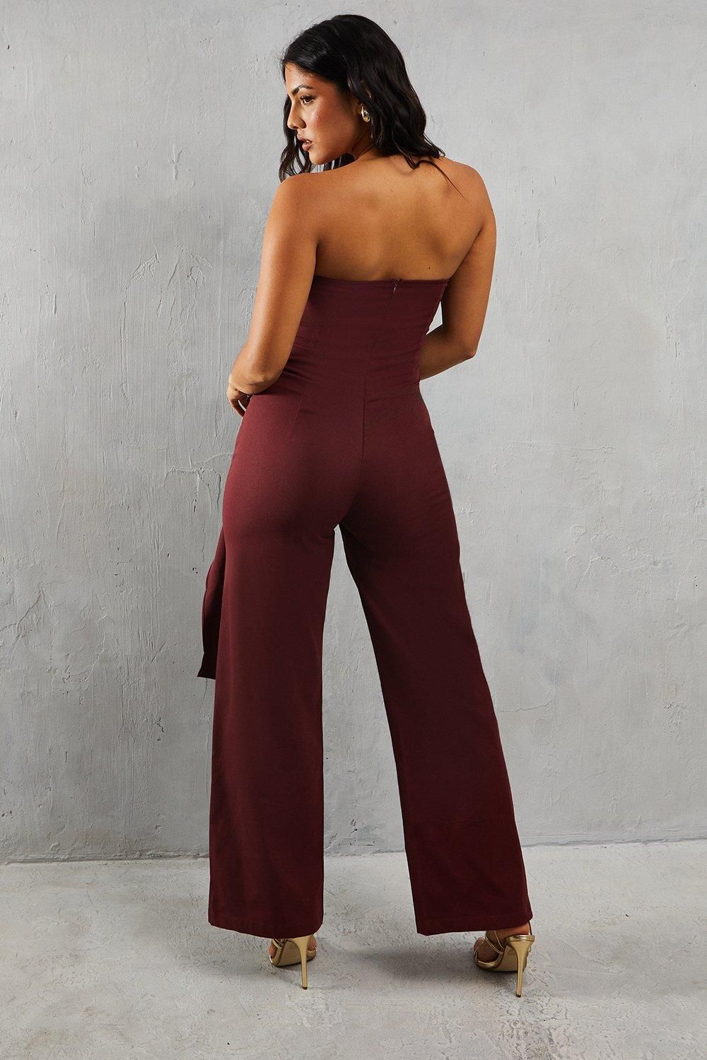 MissPap Bandeau Ruched Draped Side Wide Leg Jumpsuit Berry image 3