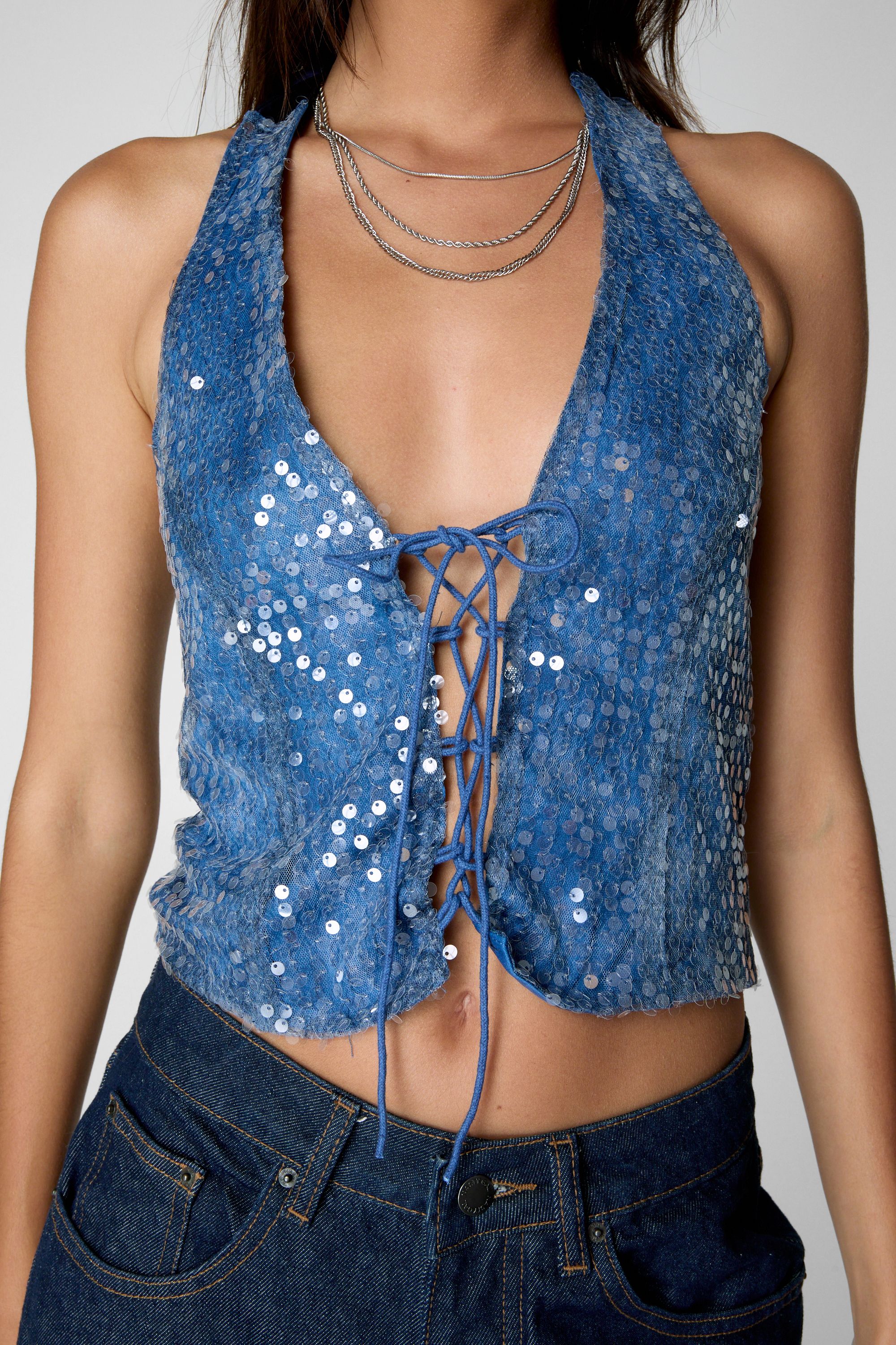 NastyGal Sequin Tie Front Top Blue image 3