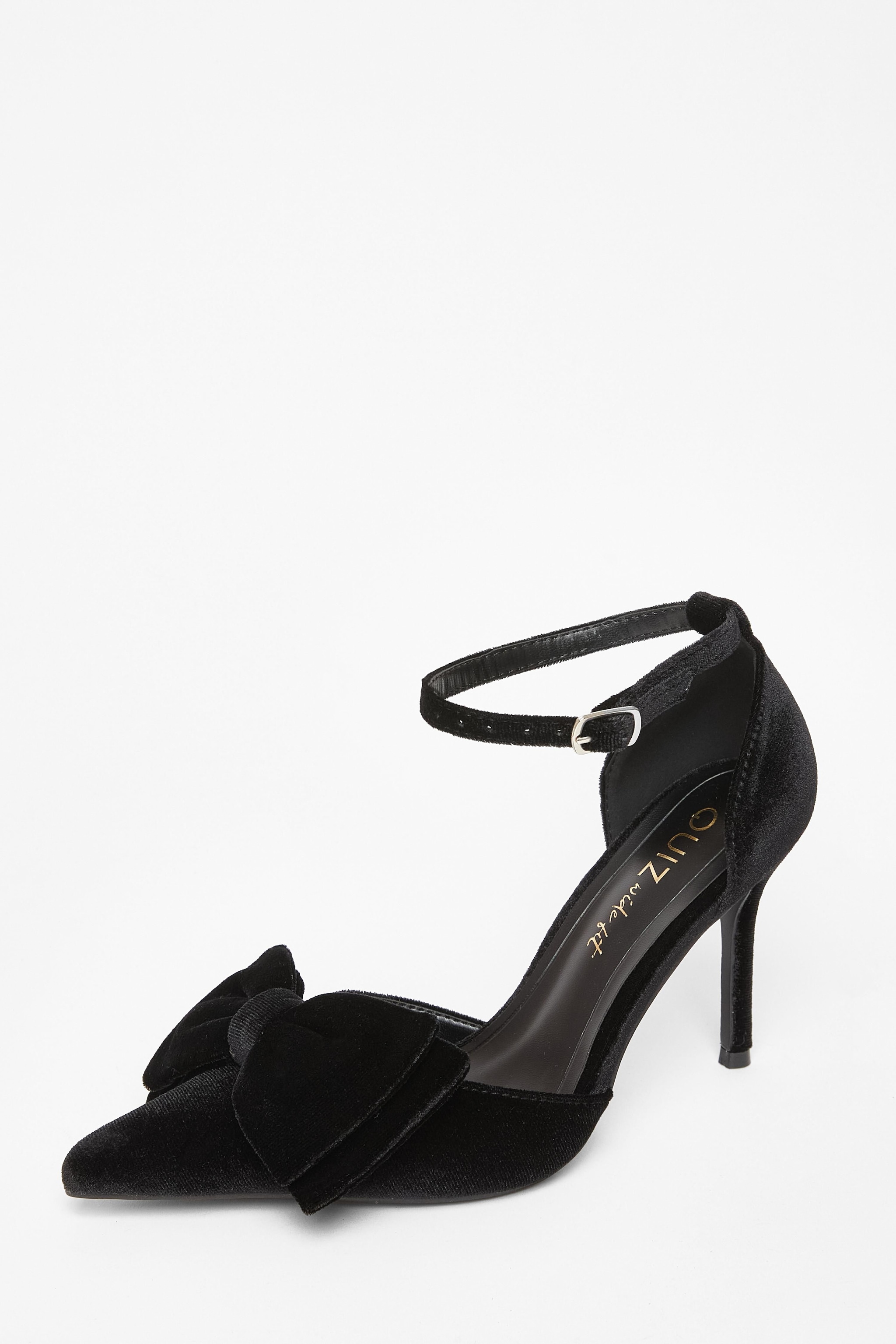Quiz Black Wide Fit Velvet Bow Court Heels image 1