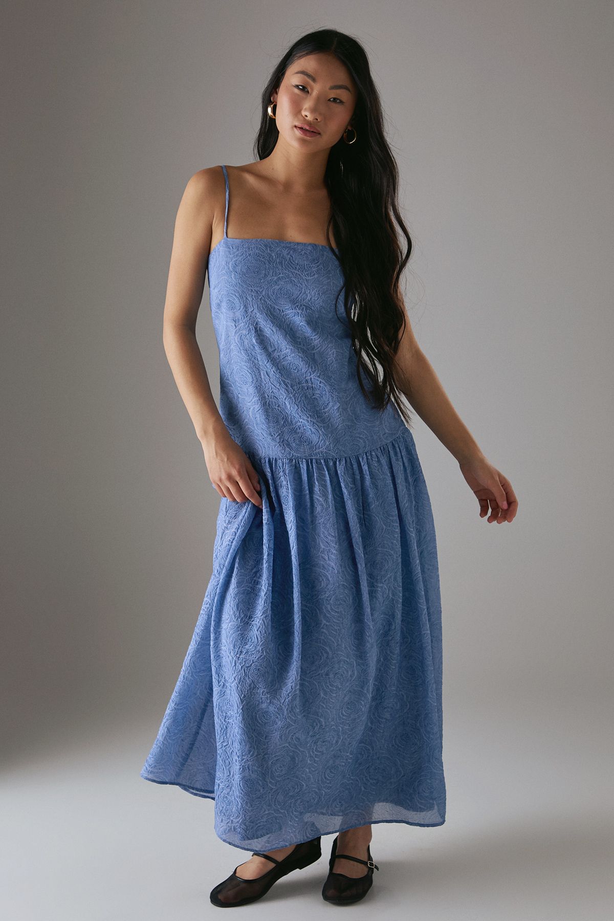 Warehouse Petite Rose Organza Strappy Tier Maxi Dress Blue image 1