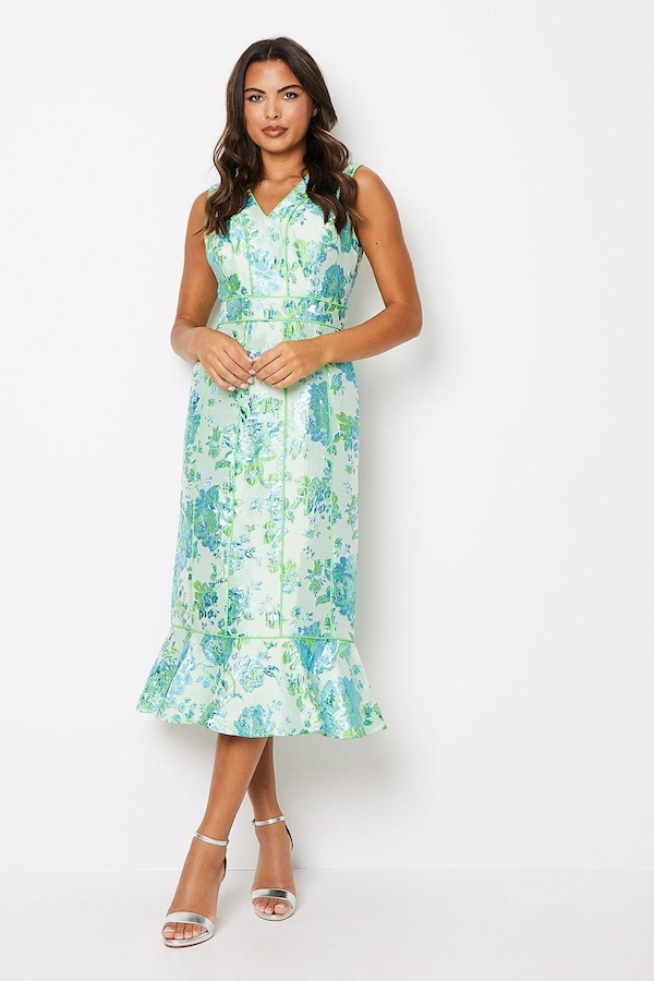 Coast Piped Jacquard V Neck Midi Dress Green