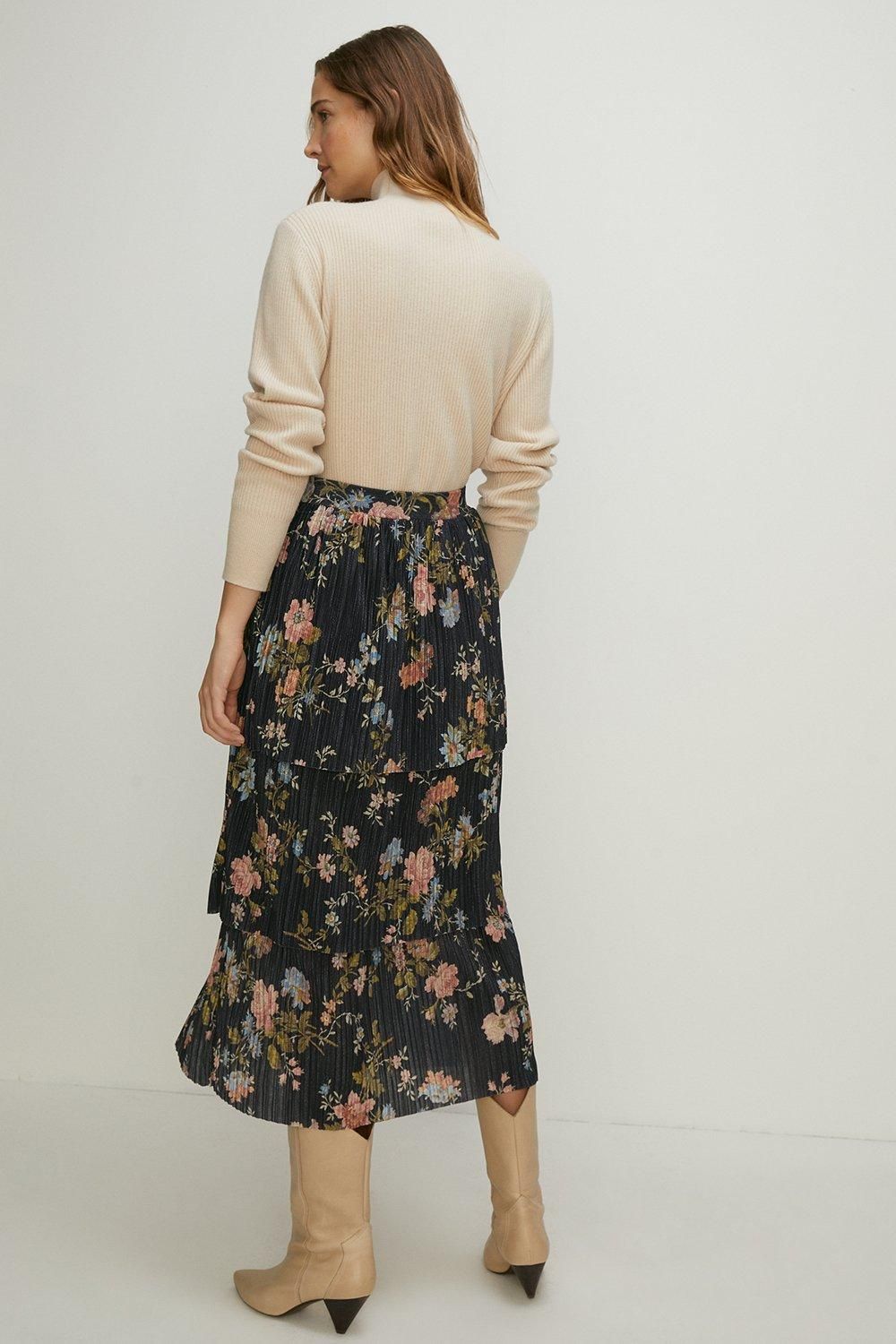 Oasis Floral Metallic Plisse Tired Midi Skirt Multi image 3