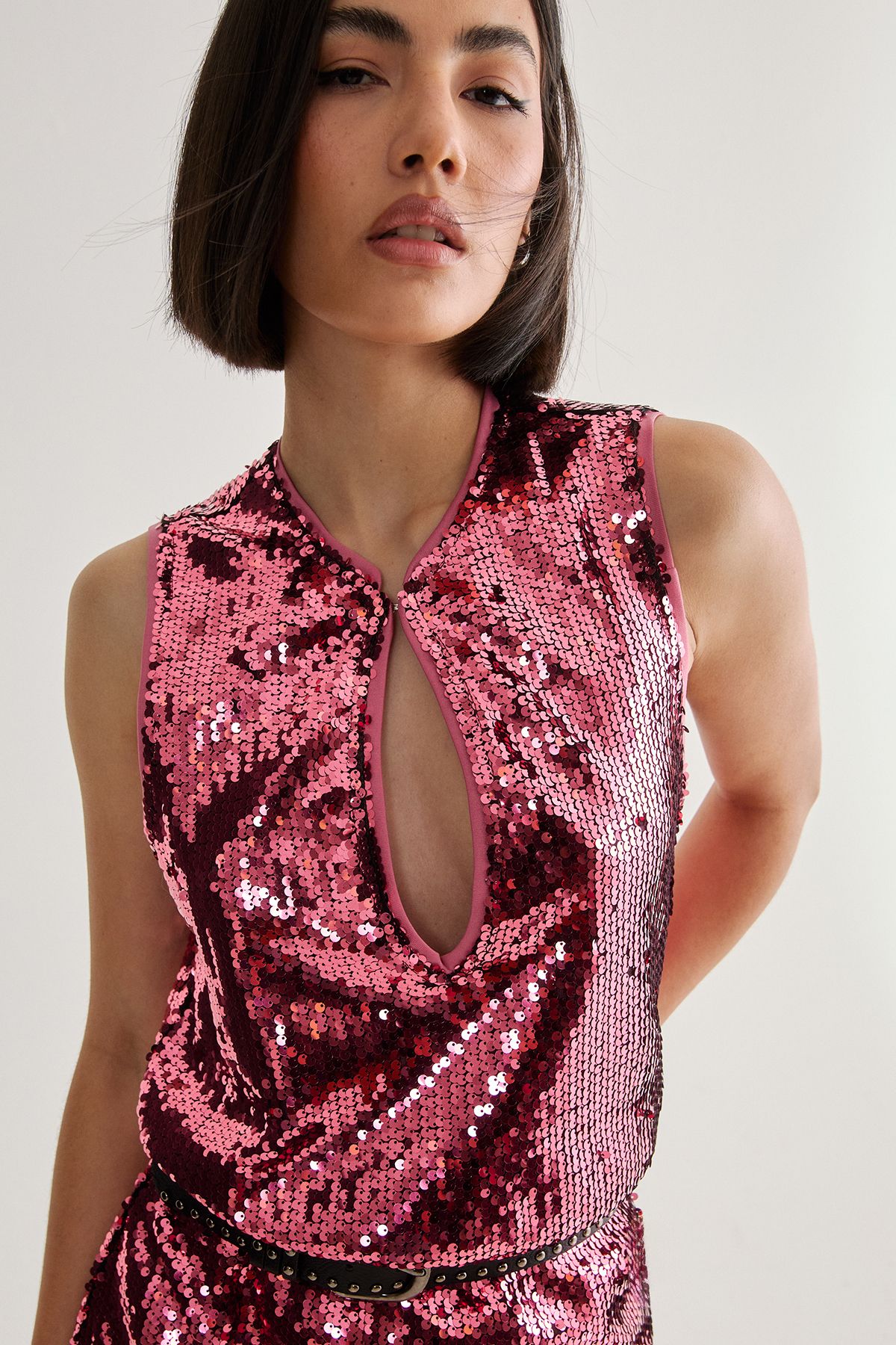 NastyGal Sequin Plunge Keyhole Blouson Mini Dress Rose Pink image 3