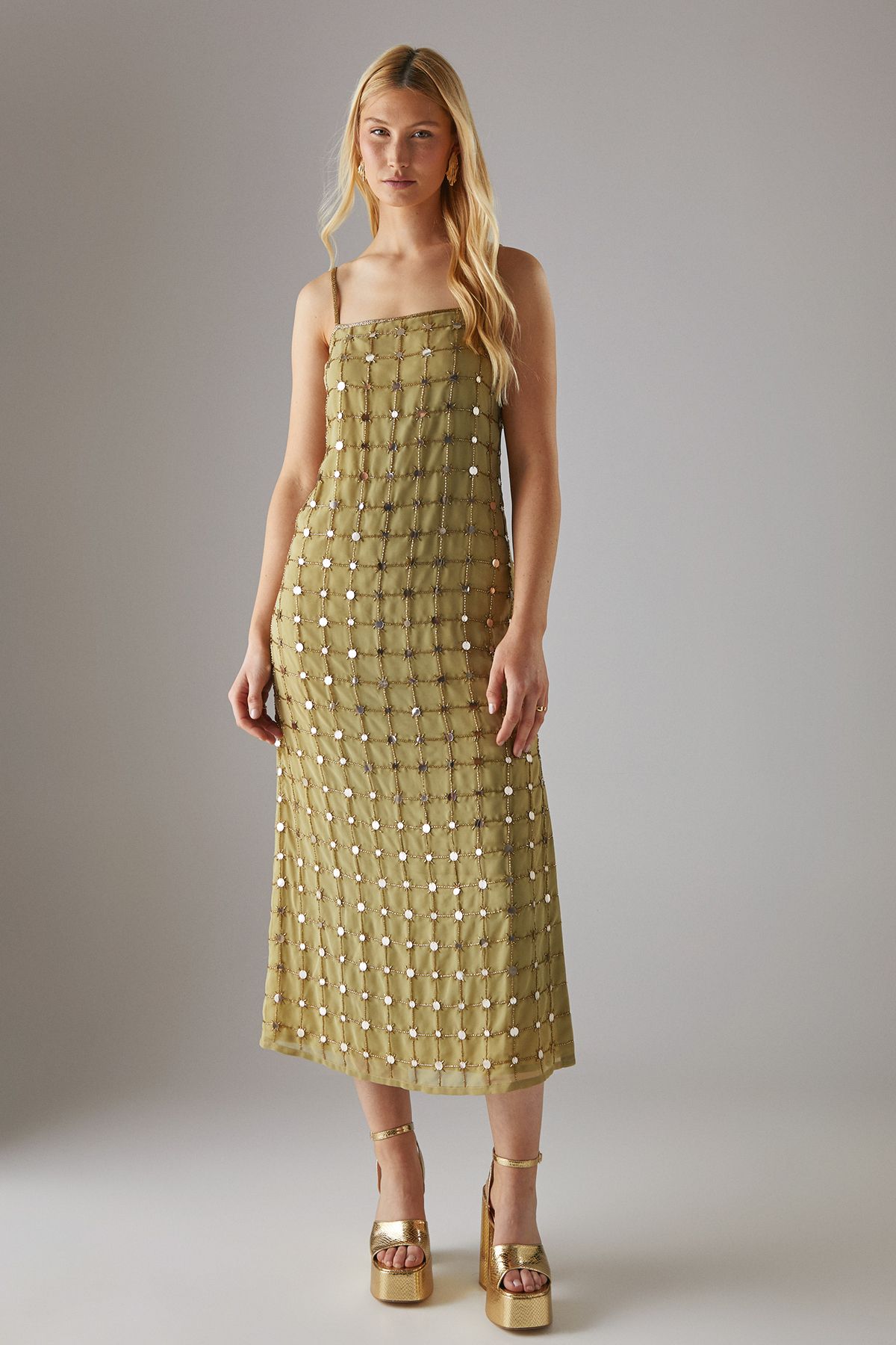 Warehouse Hand Embellished Sequin Grid Strappy Column Midi Dress Sage image 1