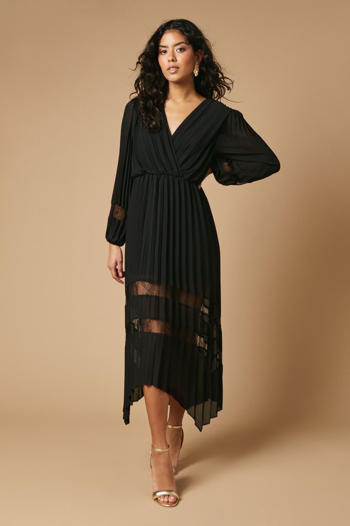 Oasis Petite Pleated Lace Trim Insert Wrap Midi Dress Black image 1