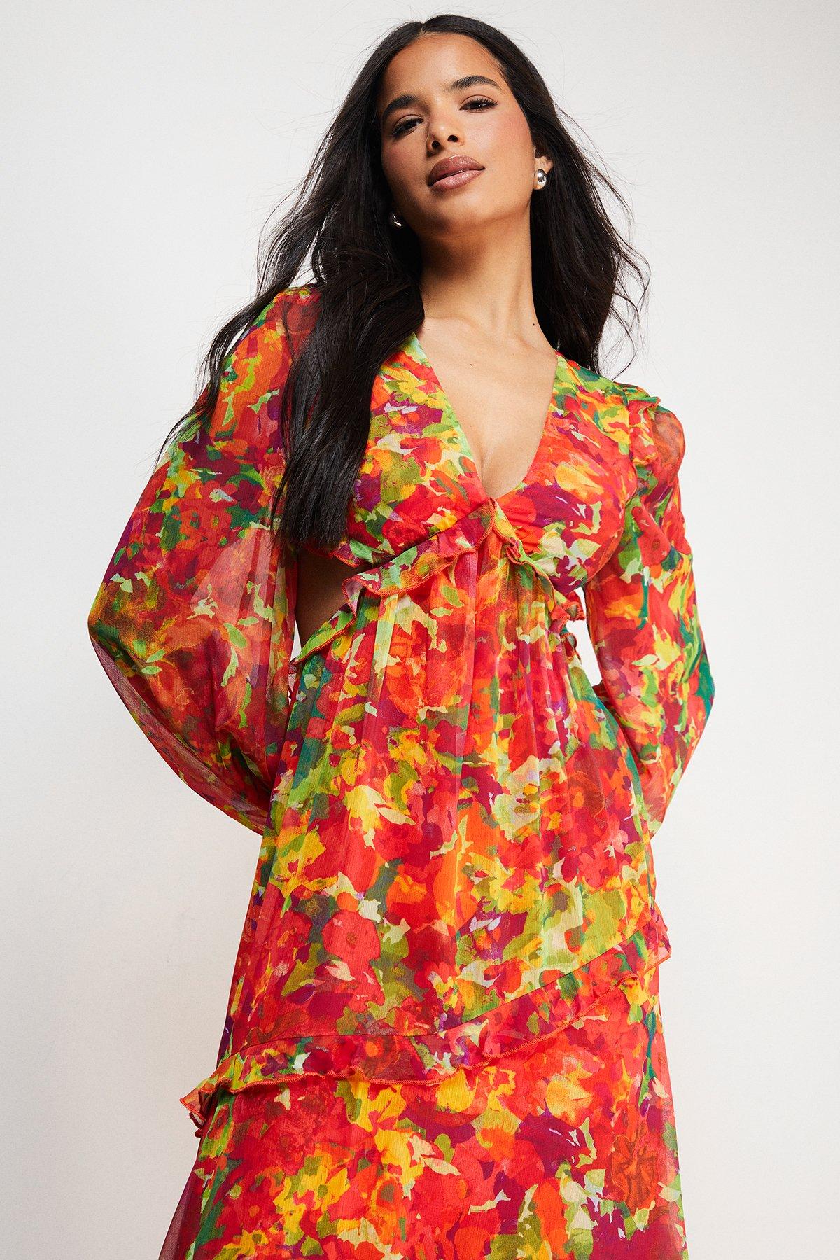 Warehouse Chiffon Cut Out Waist Ruffe Maxi Dress Floral image 4