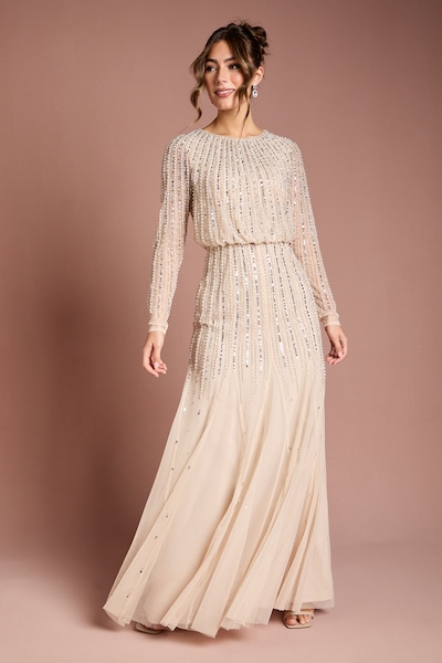 Coast Linear Sequin Embellished Long Sleeve Maxi Dress Champagne