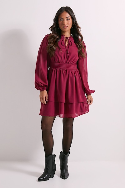 Dorothy Perkins Petite Tie Neck Tiered Skirt Mini Dress Wine